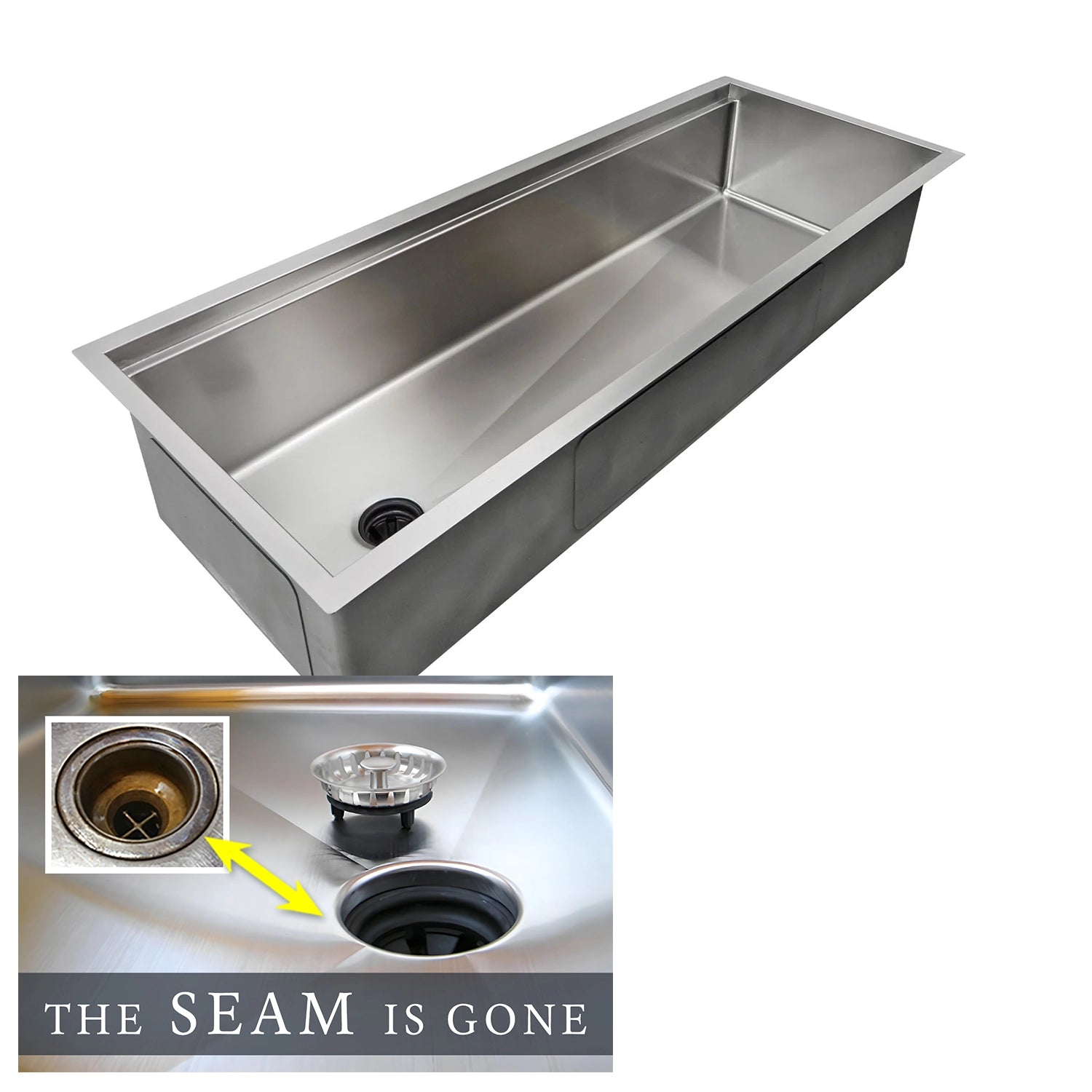 The seam is gone. 50-inch workstation kitchen sink with a single bowl, crafted from 16-gauge stainless steel. Features a reversible undermount design with a center drain.