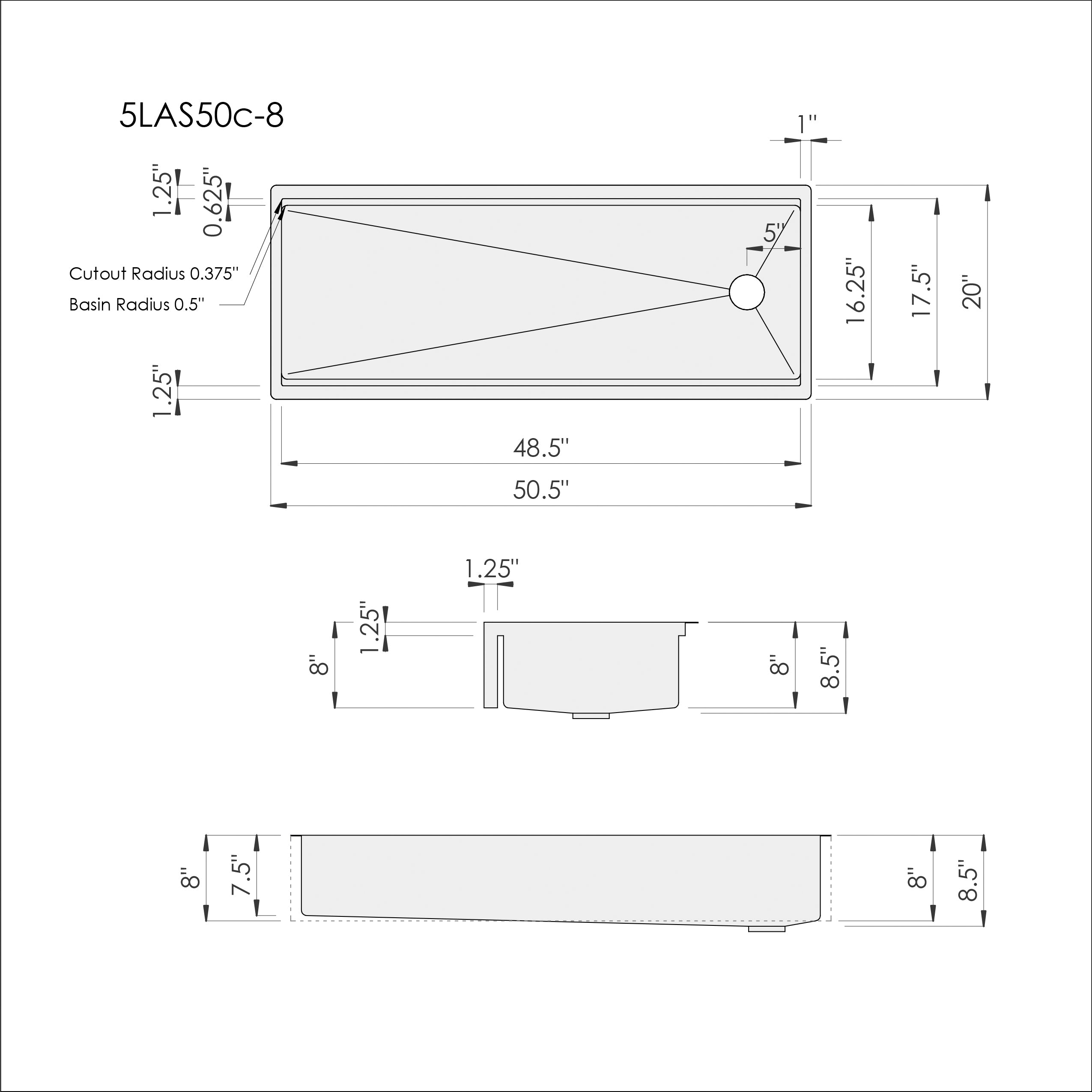 Dimensions of Create Good Sinks' 50 inch undermount apron front workstation sink. Stainless steel, single bowl, offset drain to the right, farmhouse sink.