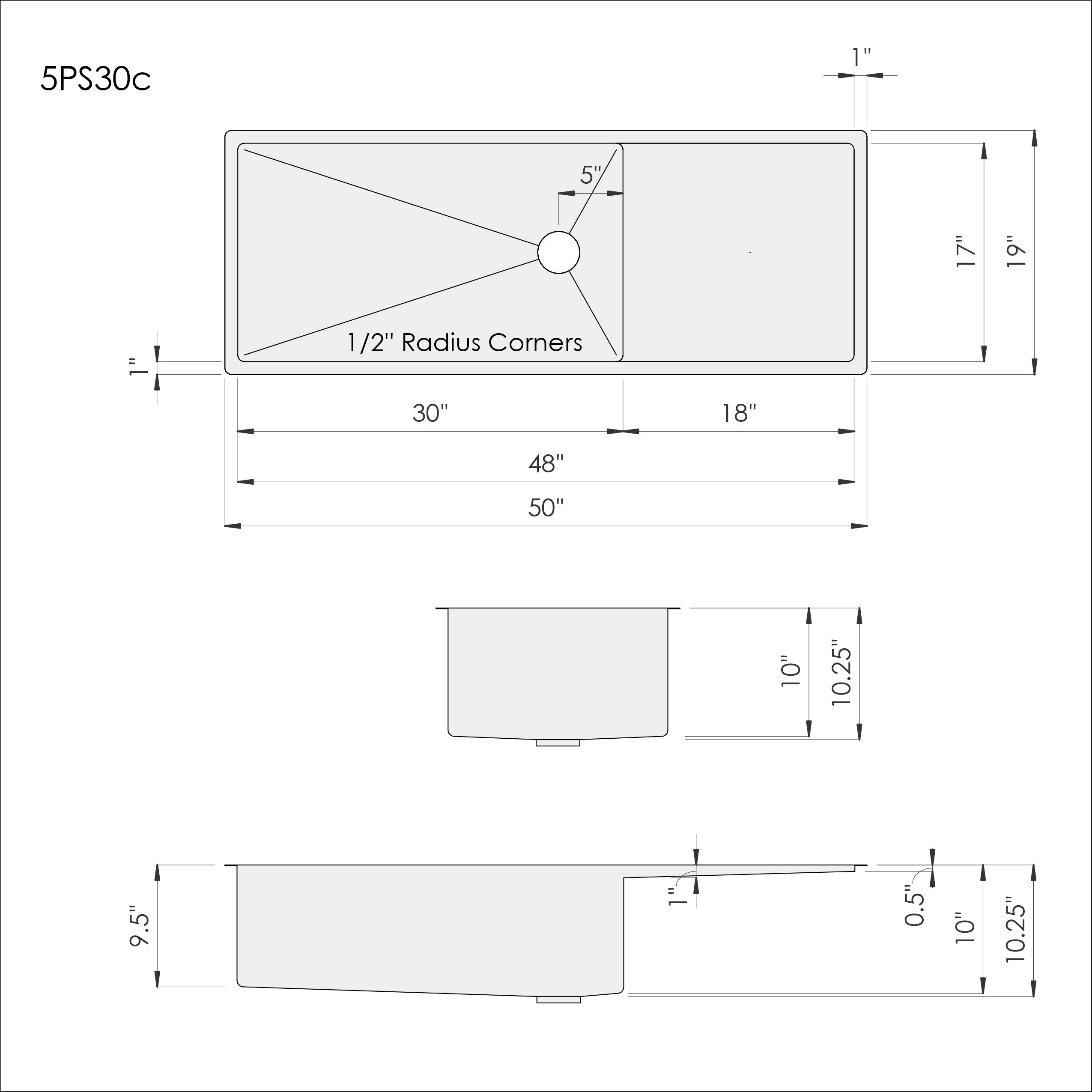 Dimensions of Create Good Sinks' 50 inch undermount drainboard sink. Stainless steel kitchen sink with built in drainboard and offset reversible drain