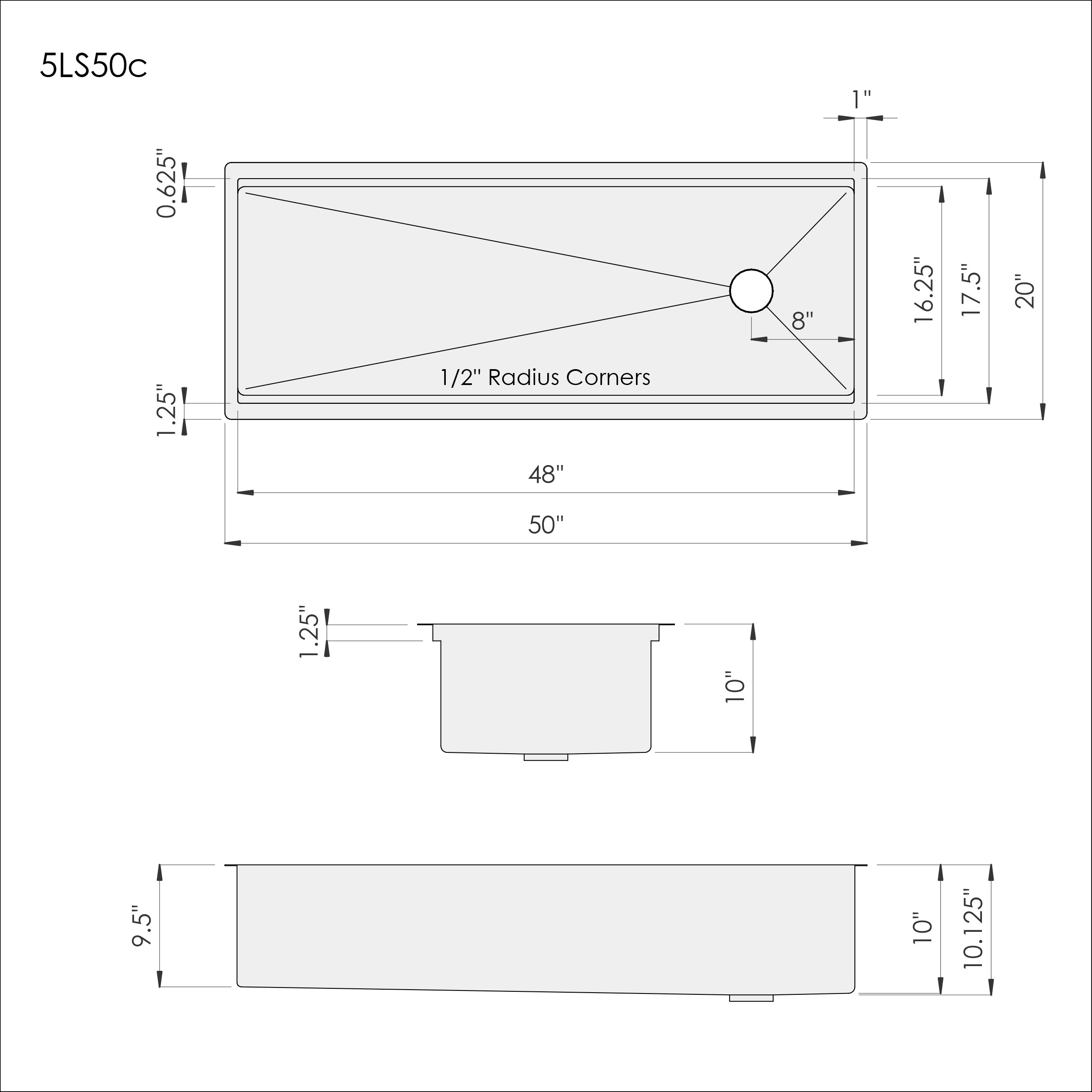 Dimensions of Create Good Sinks 50 inch stainless steel undermount workstation kitchen sink. Single bowl, one basin, with offset reversible drain. Double ledge compatible for dual tier sink use