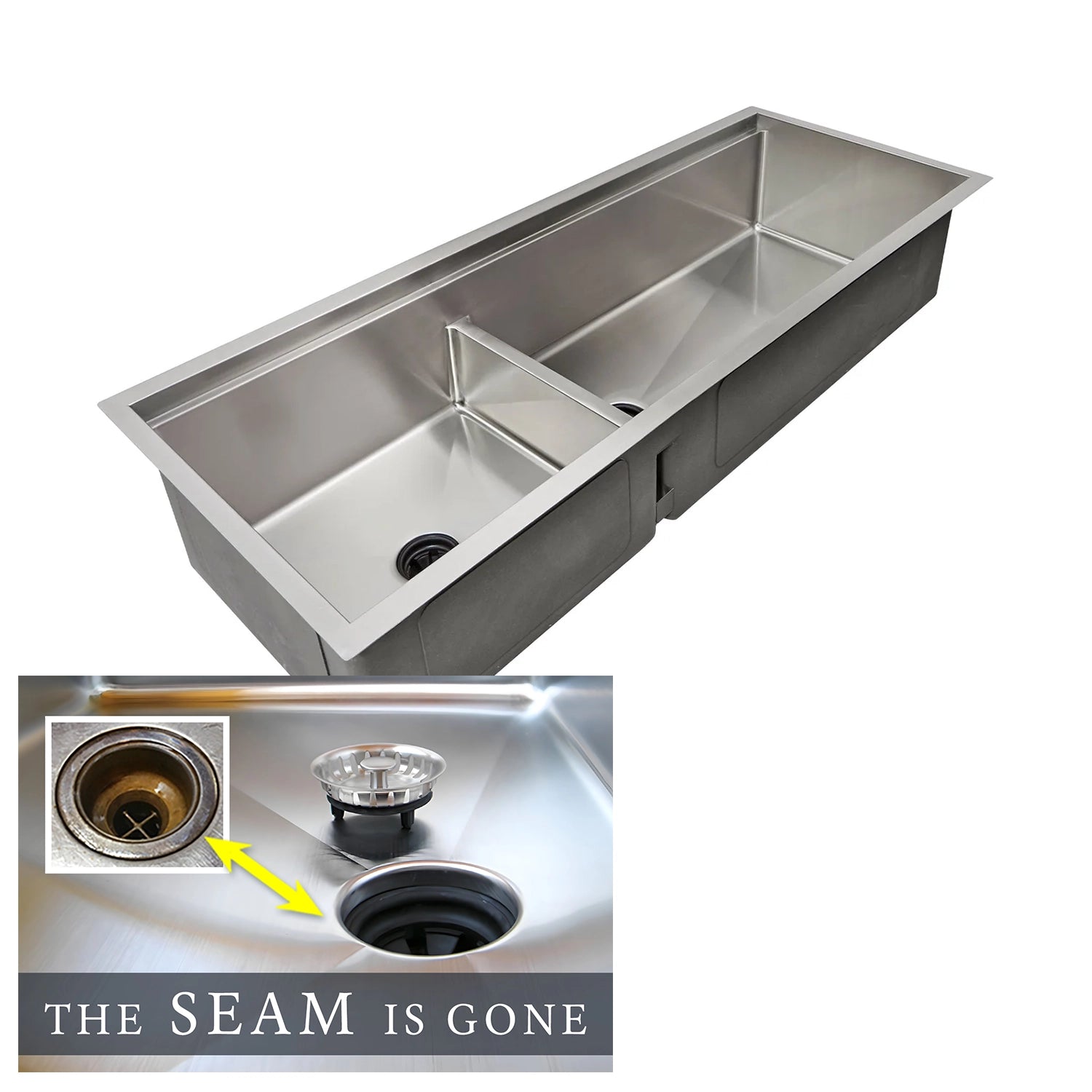The Seam is Gone. 50 inch stainless steel undermount double bowl workstation sink with low divider and offset seamless drain