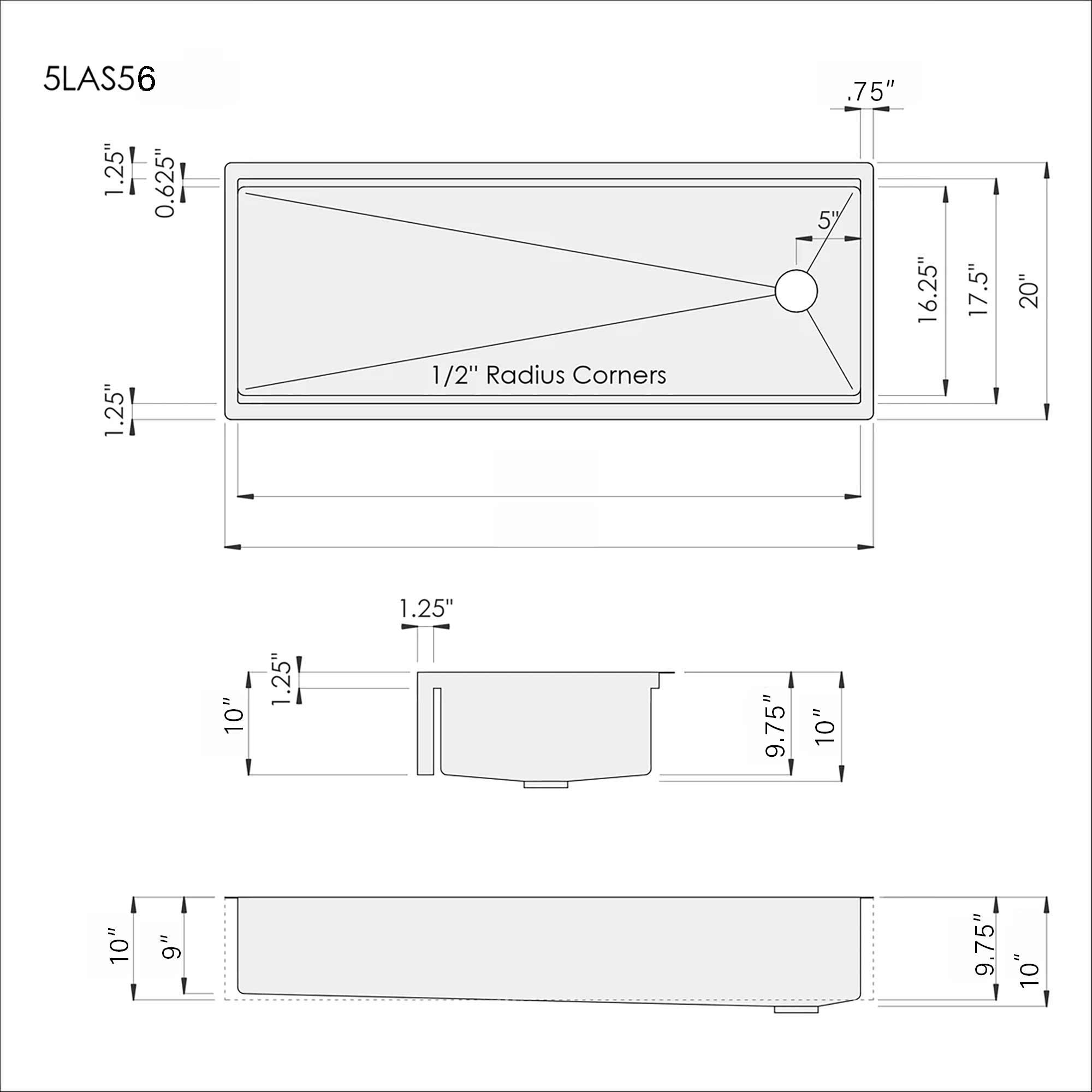 Dimensions of Create Good Sinks' 56 inch undermount apron front workstation sink. Stainless steel, single bowl, offset drain to the right with 10" depth, farmhouse sink.