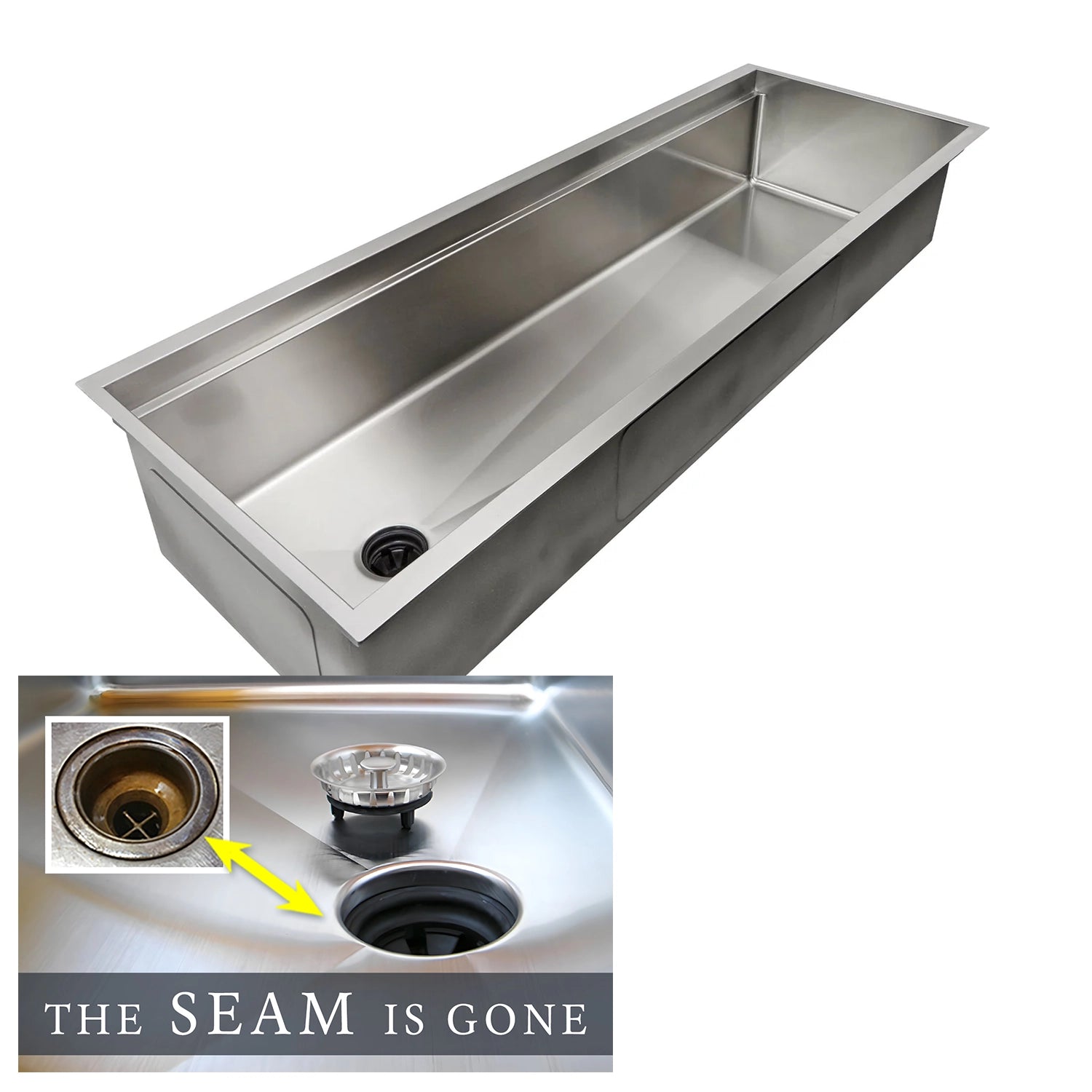 The Seam is Gone. Create Good Sinks 56 inch undermount single bowl workstation kitchen sink. 5 foot single basin sink with offset seamless drain and built in ledge for sink accessories.