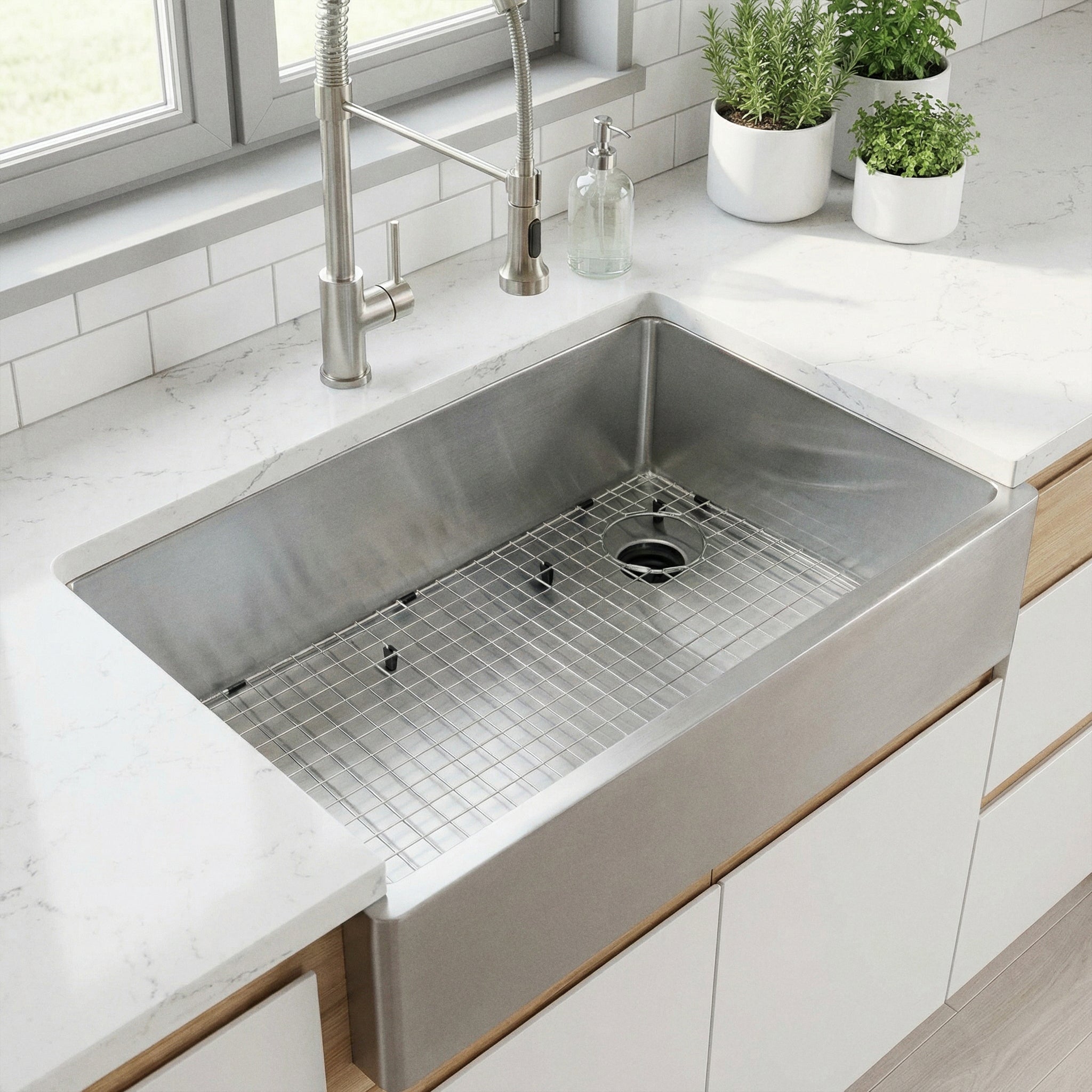33 inch apron farmhouse sink made with 16 gauge stainless steel in high end modern kitchen