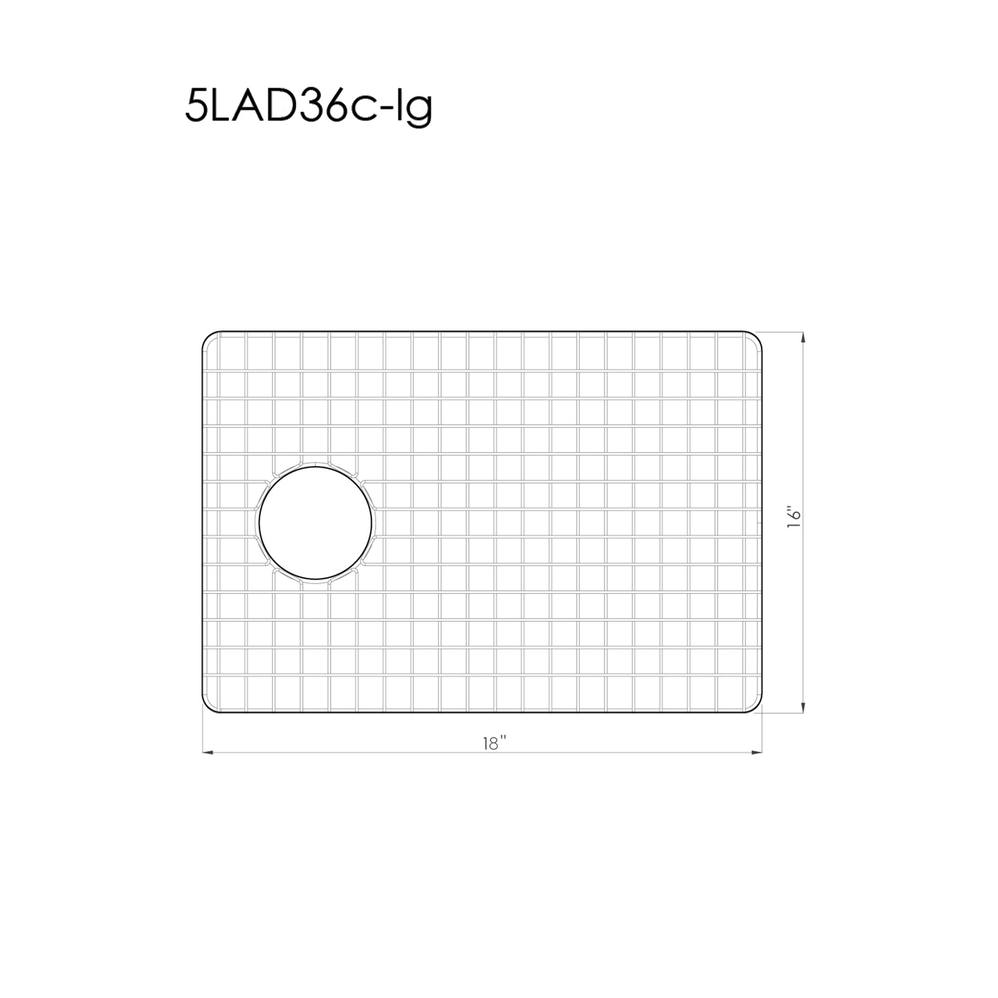 Technical diagram of the GRID - 36-inch large bowl stainless steel sink grid (GR-5LAD36B), showing dimensions and drain hole placement.