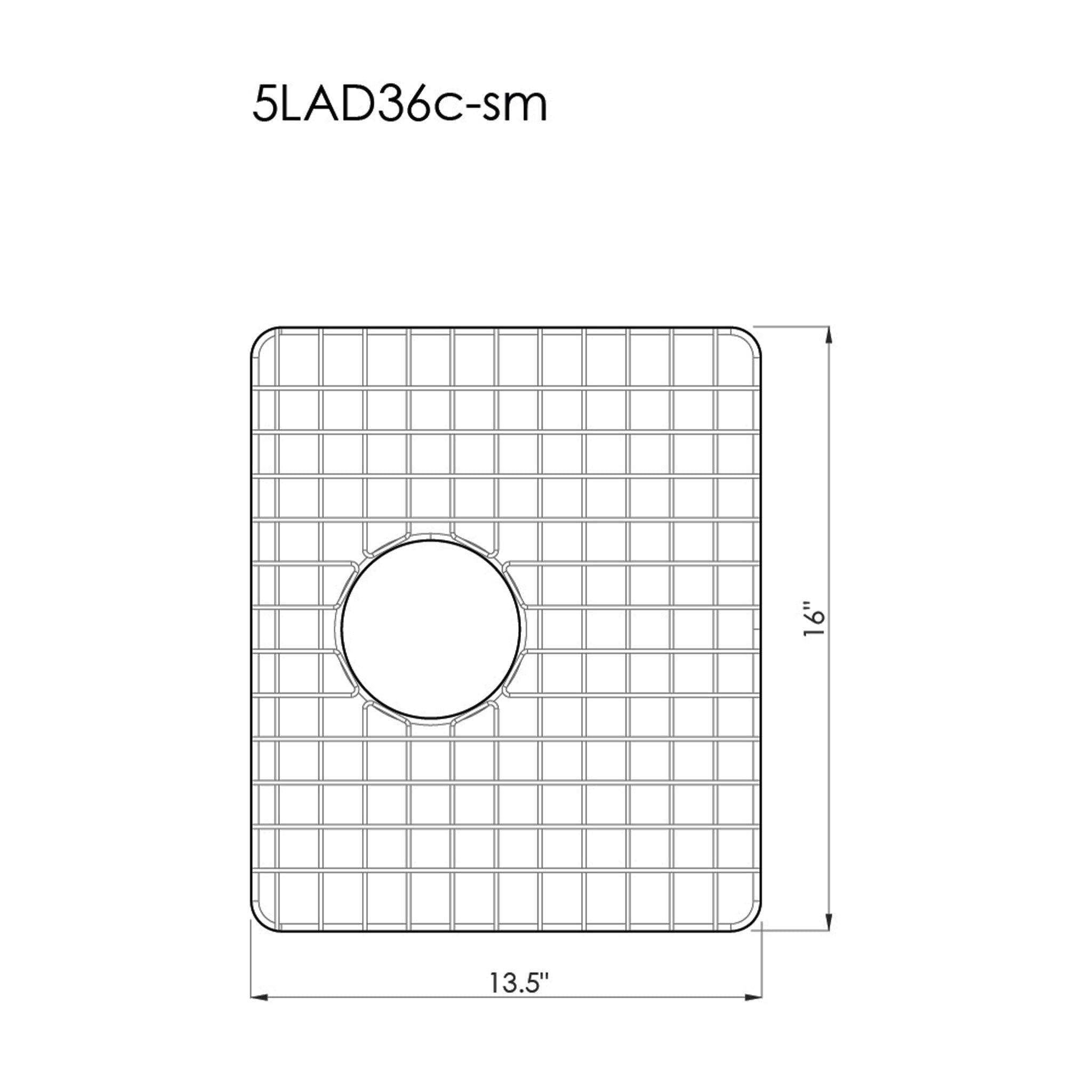 Technical diagram of GRID - 36" small bowl stainless steel sink grid (GR-5LAD36-SM) with dimensions 16" x 13.5" and a central drain cutout.