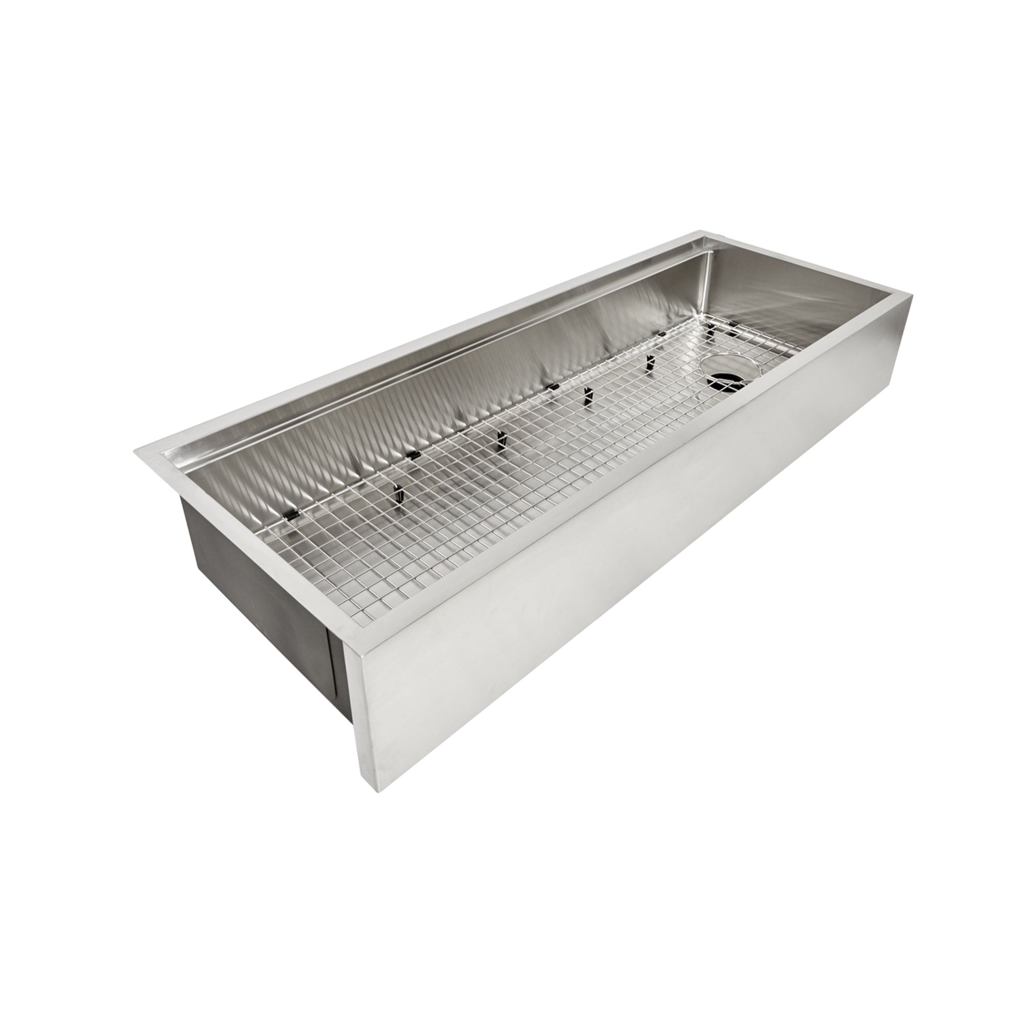Farmhouse style fifty inch stainless steel workstation sink with offset drain and built in ledge for sink accessories