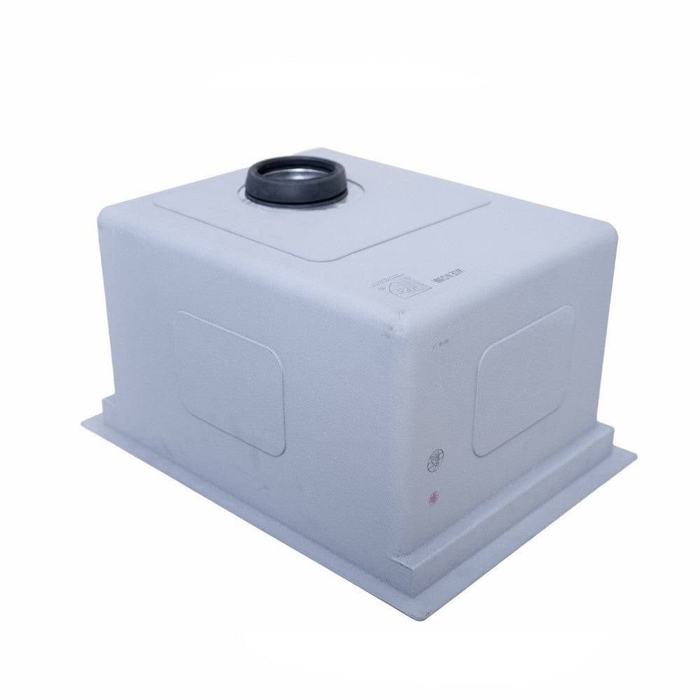 Underside view of the 15-inch stainless steel workstation bar sink with soundproofing coating. Designed for noise reduction and durability.