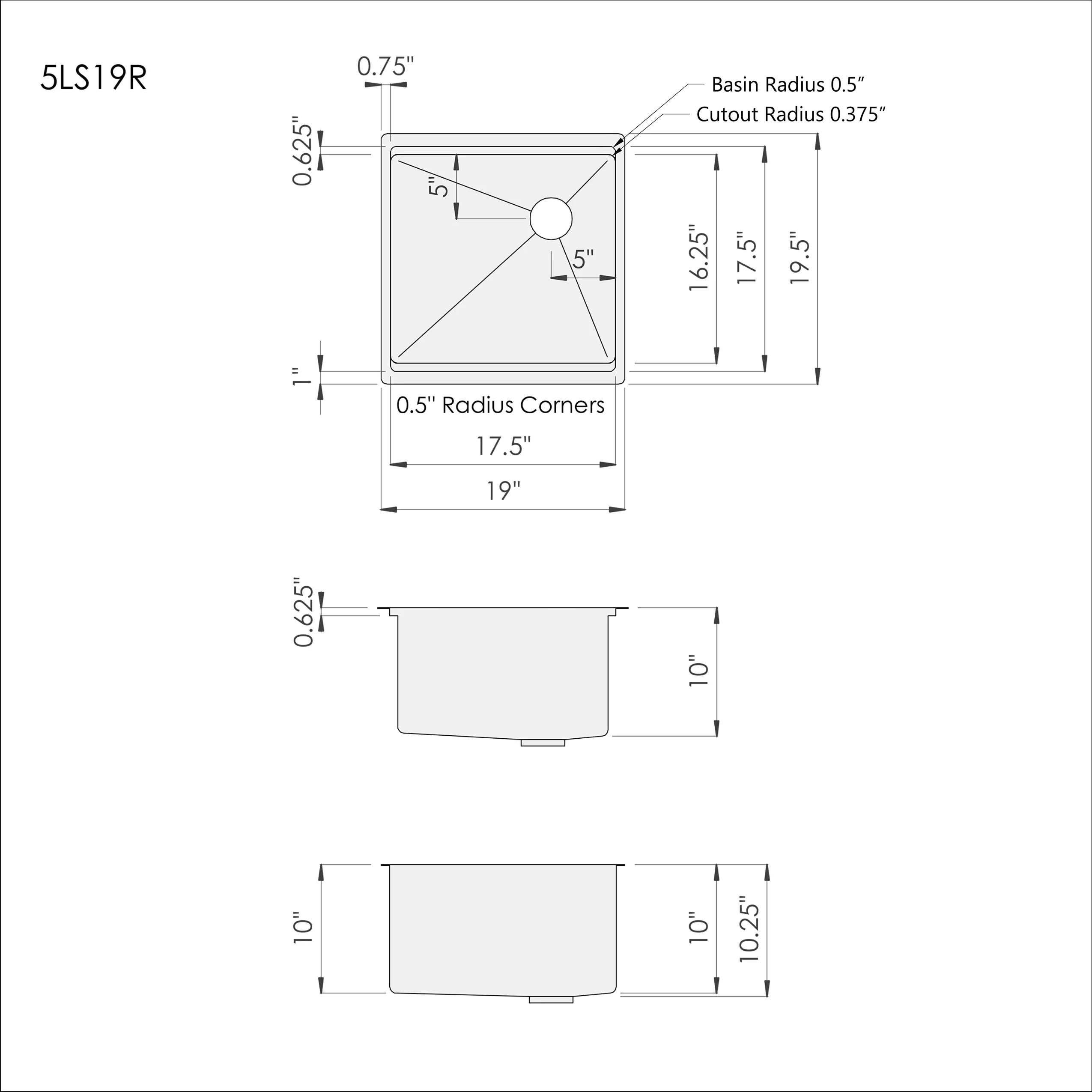 Technical drawing of the 19-inch workstation prep sink. Includes dimensions, cutout specifications, and basin radius details.