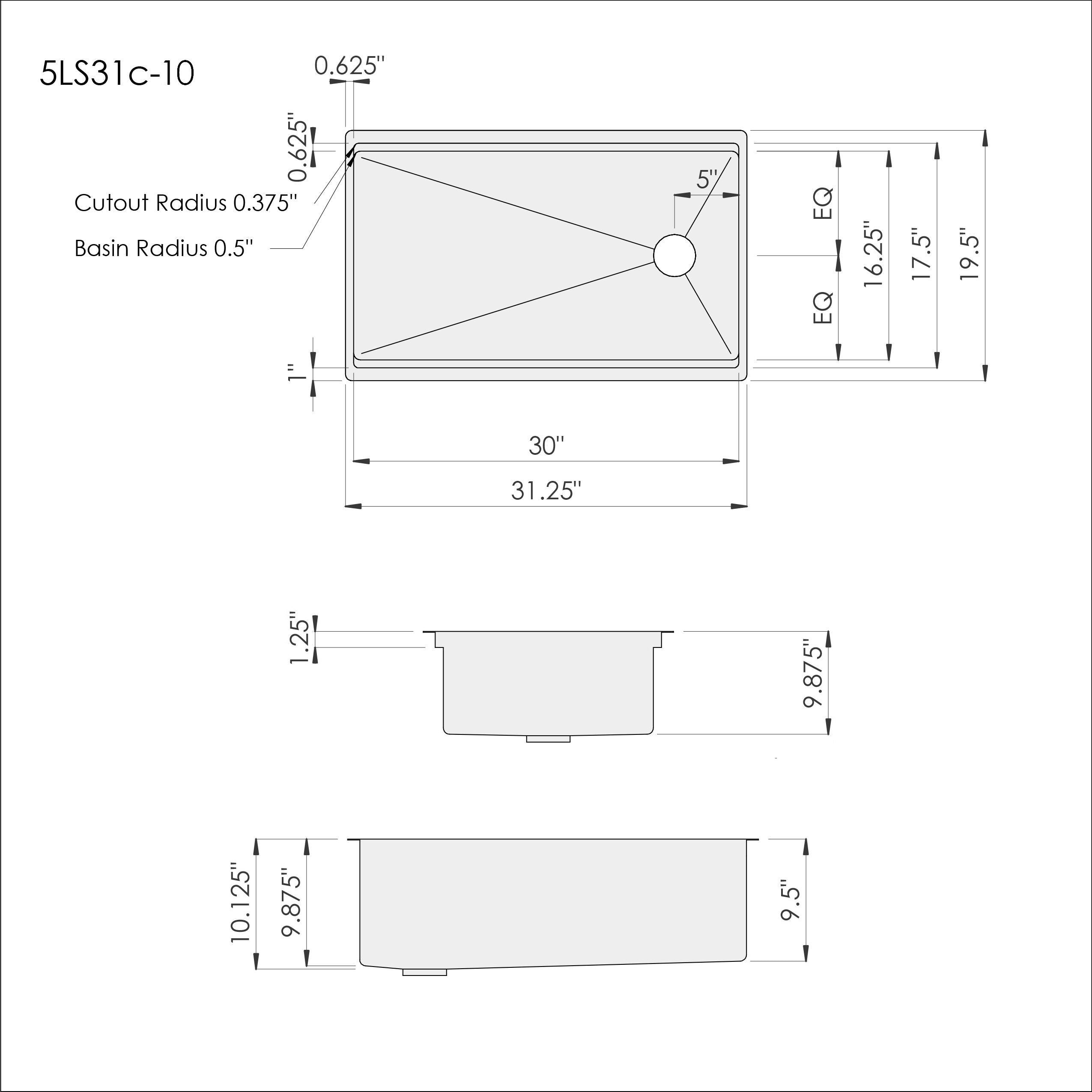 31" Workstation Kitchen Sink - 10" Depth - Single Bowl - Offset Drain - Reversible (5LS31C-10)