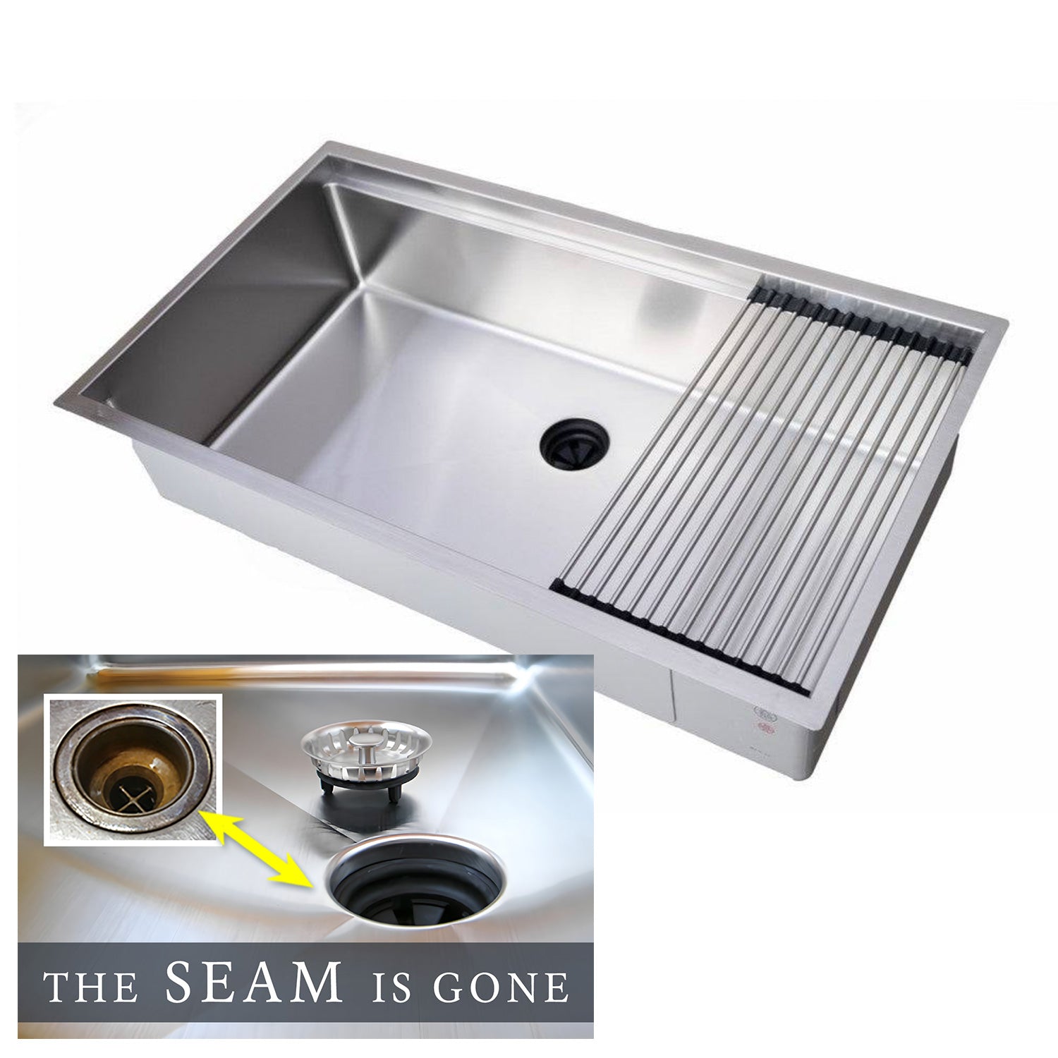 Stainless steel 33-inch workstation sink with center drain and roll-up drying rack. Undermount single bowl design for efficient kitchen workflow.
