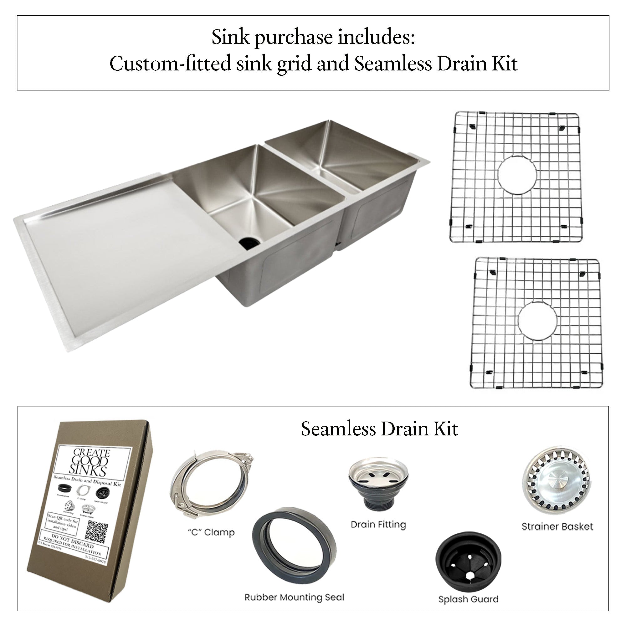 52" Large Stainless Steel Undermount Drainboard Sink - Double Bowl - Reversible (5PD15.15c)