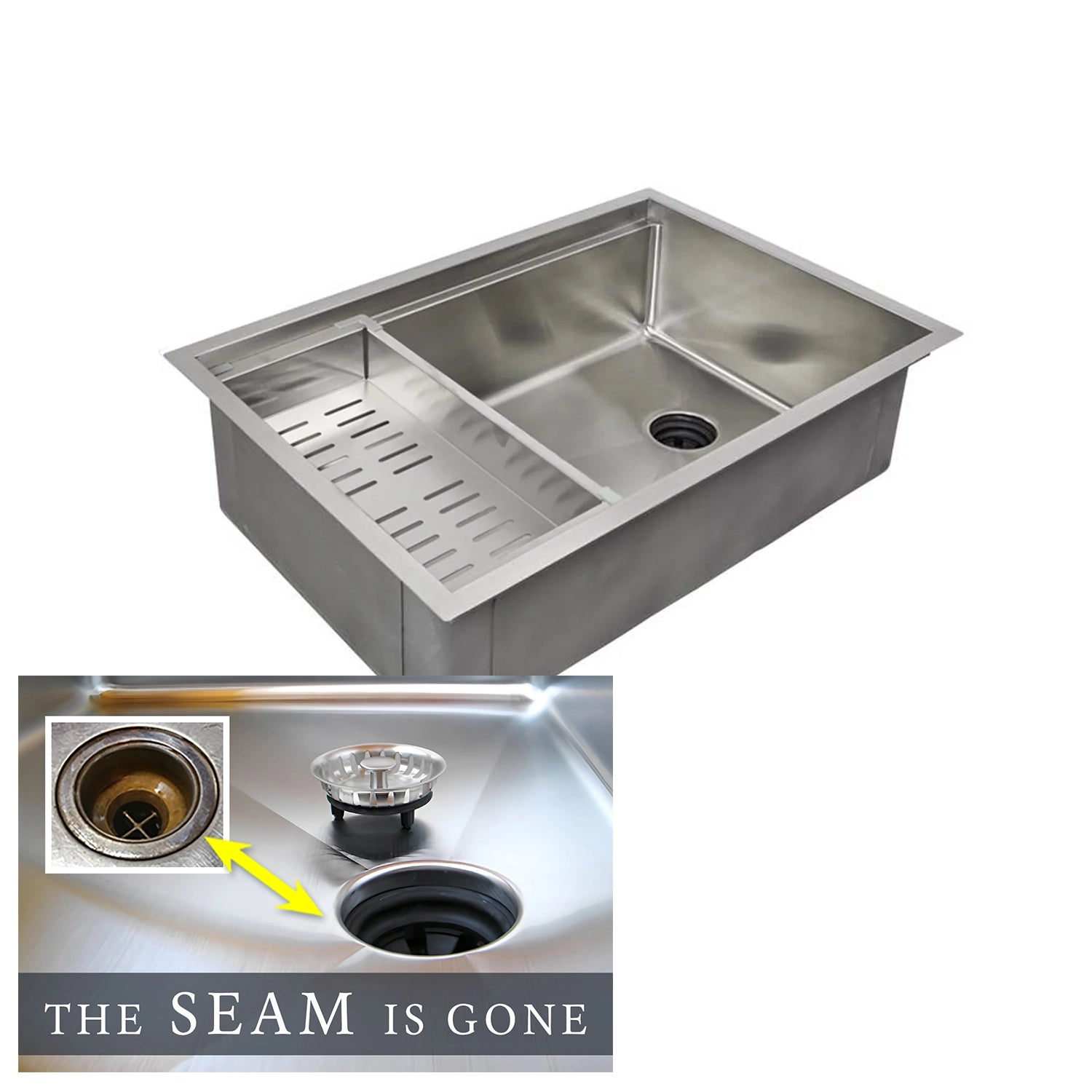 The Seam is Gone. Stainless steel 33-inch workstation sink with included sliding accessories. Single bowl design with a reversible drain for versatile installation.