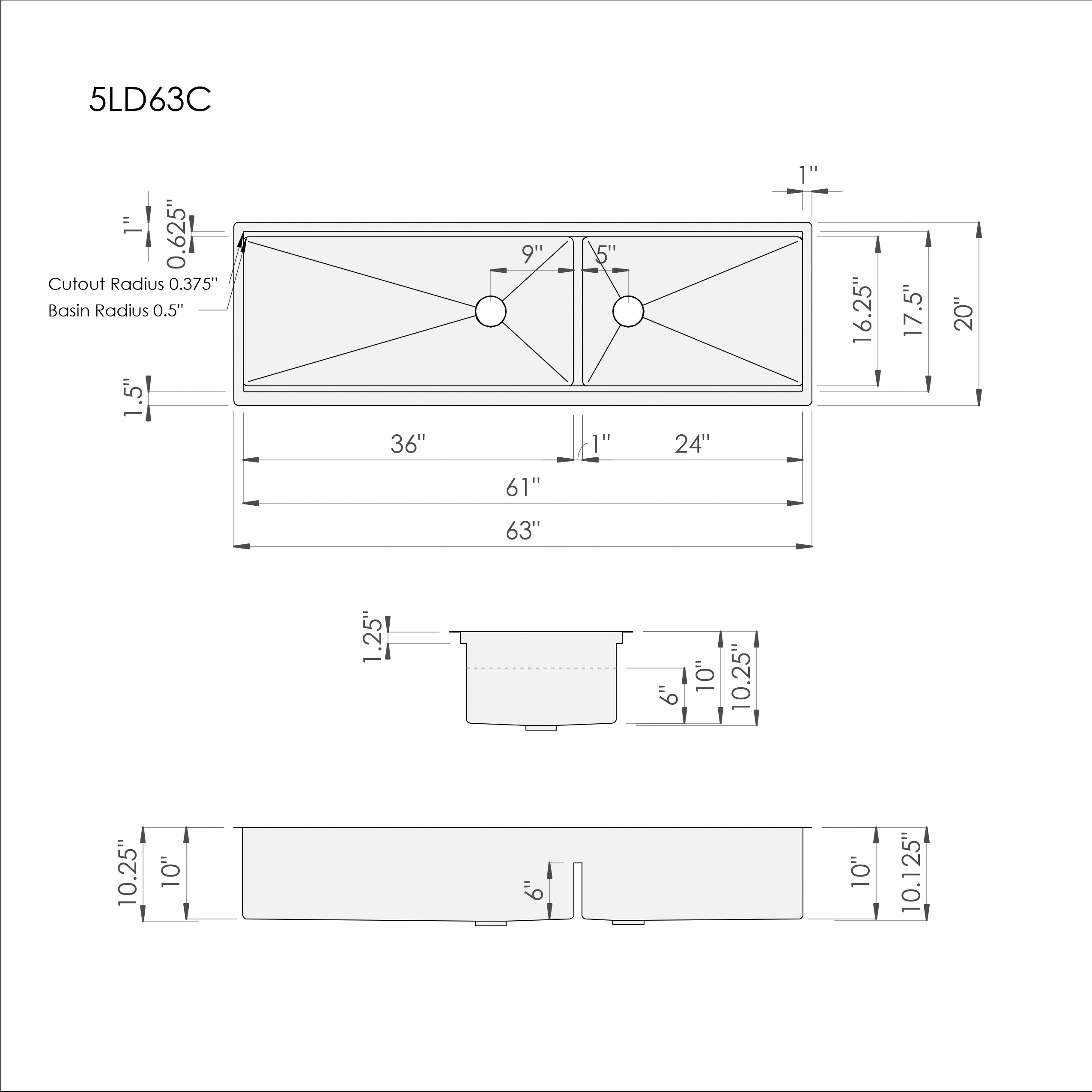 Technical drawing of 63-inch double bowl workstation sink with precise dimensions and specifications for installation reference.