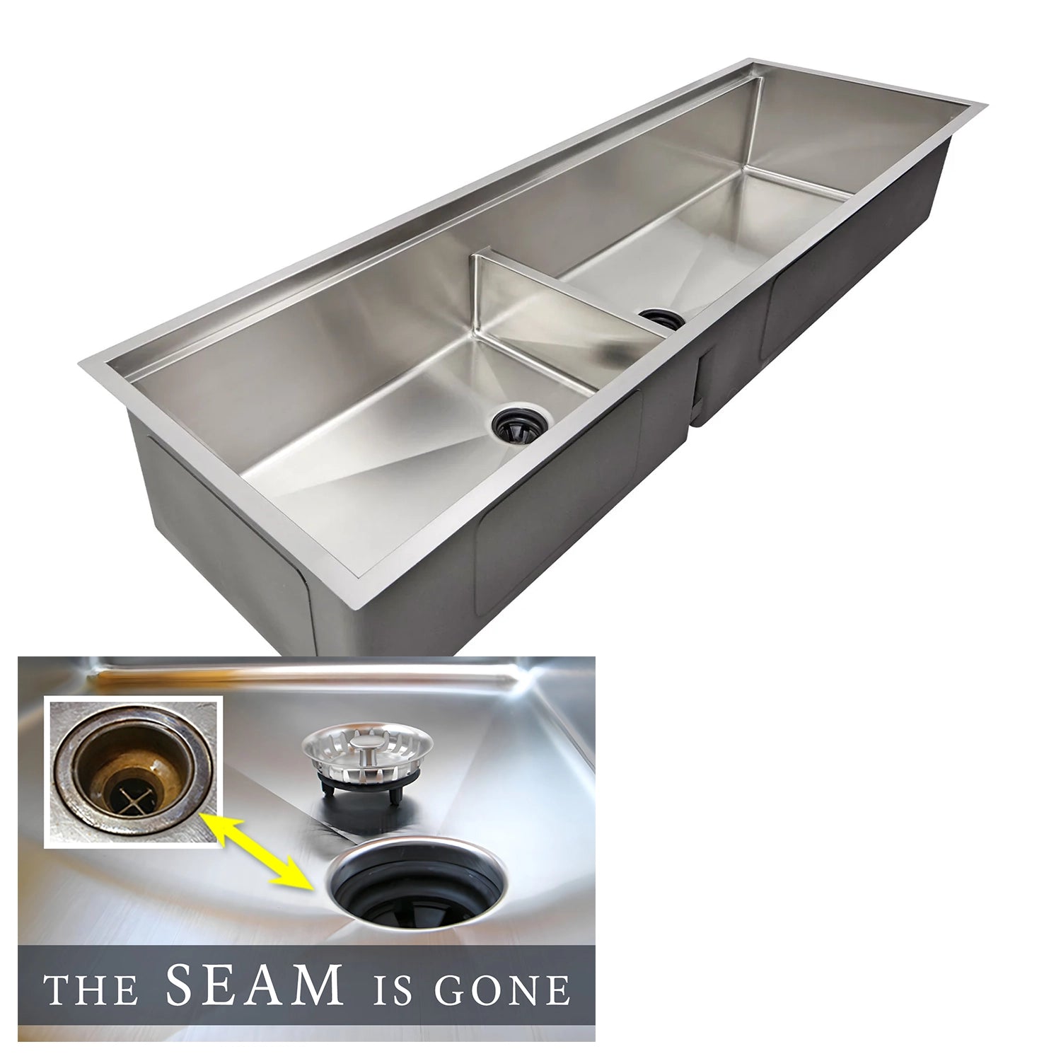 The Seam is Gone. 63-inch large workstation kitchen sink with stainless steel undermount double bowl design and low divide for versatile use.