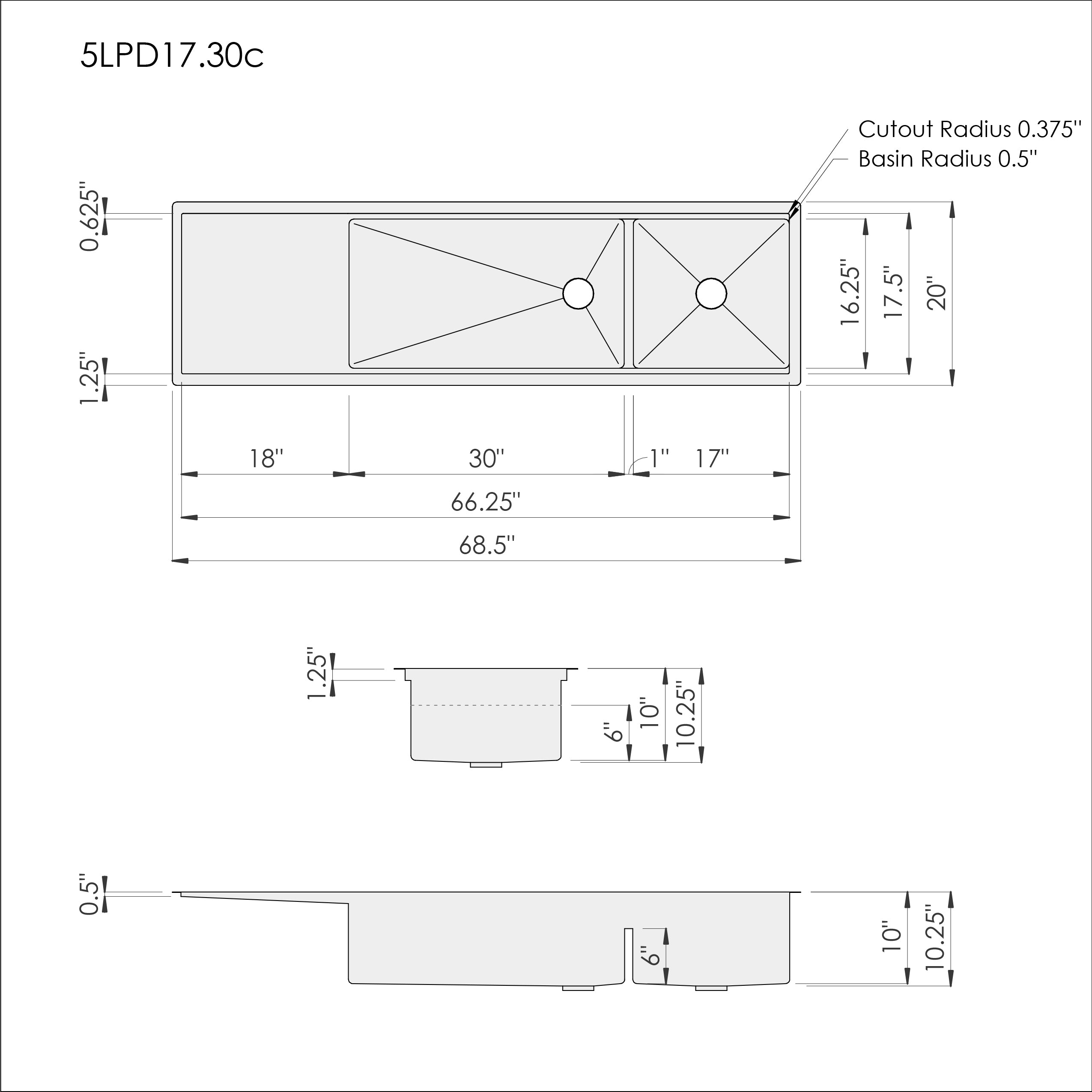 Schematic Dimension Drawing for Create Good Sinks' 5LPD17.30C Drainboard, double-bowl, workstation kitchen sink.