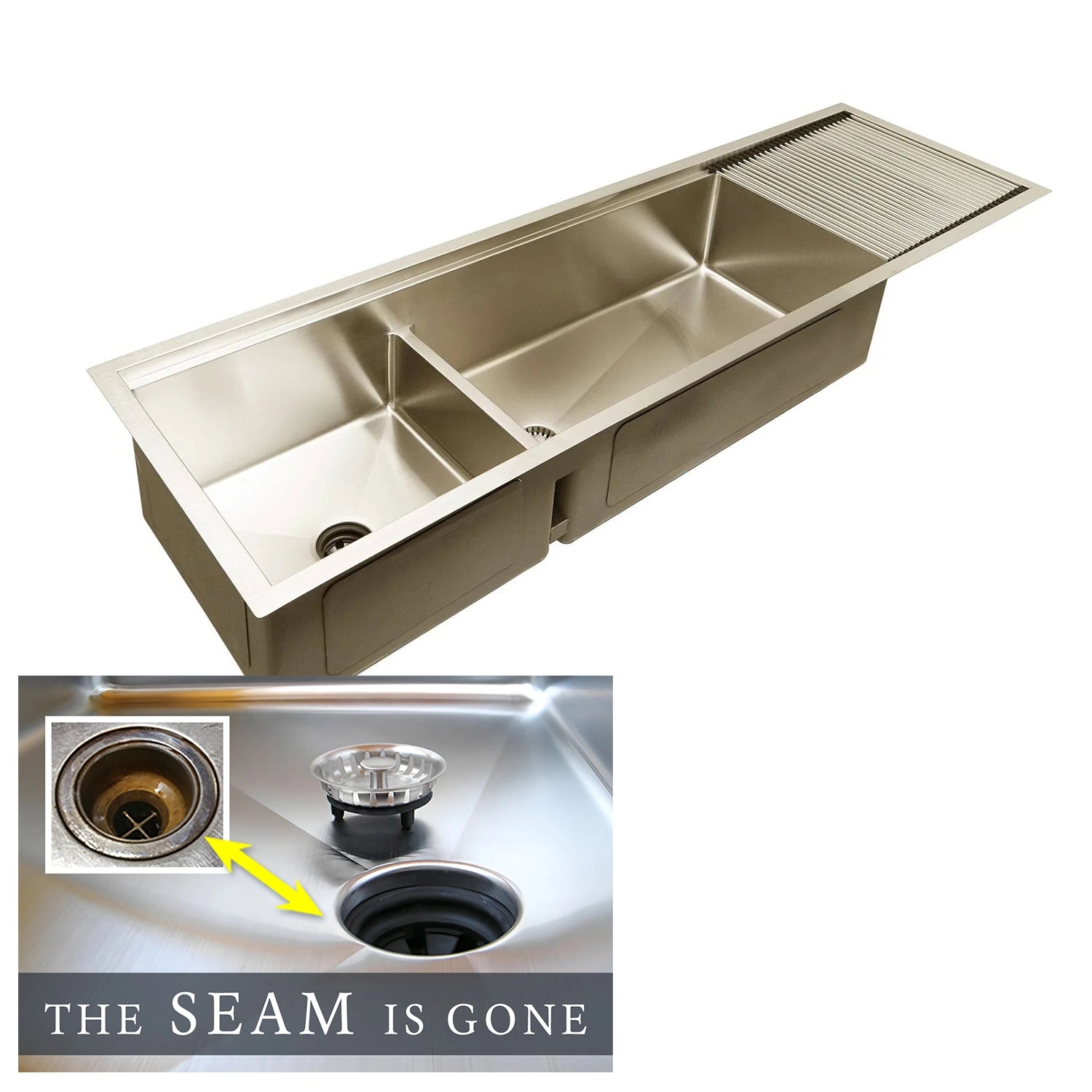 Dual basin workstation kitchen sink with stainless steel drainboard 68 inches in width. The Seam is Gone.