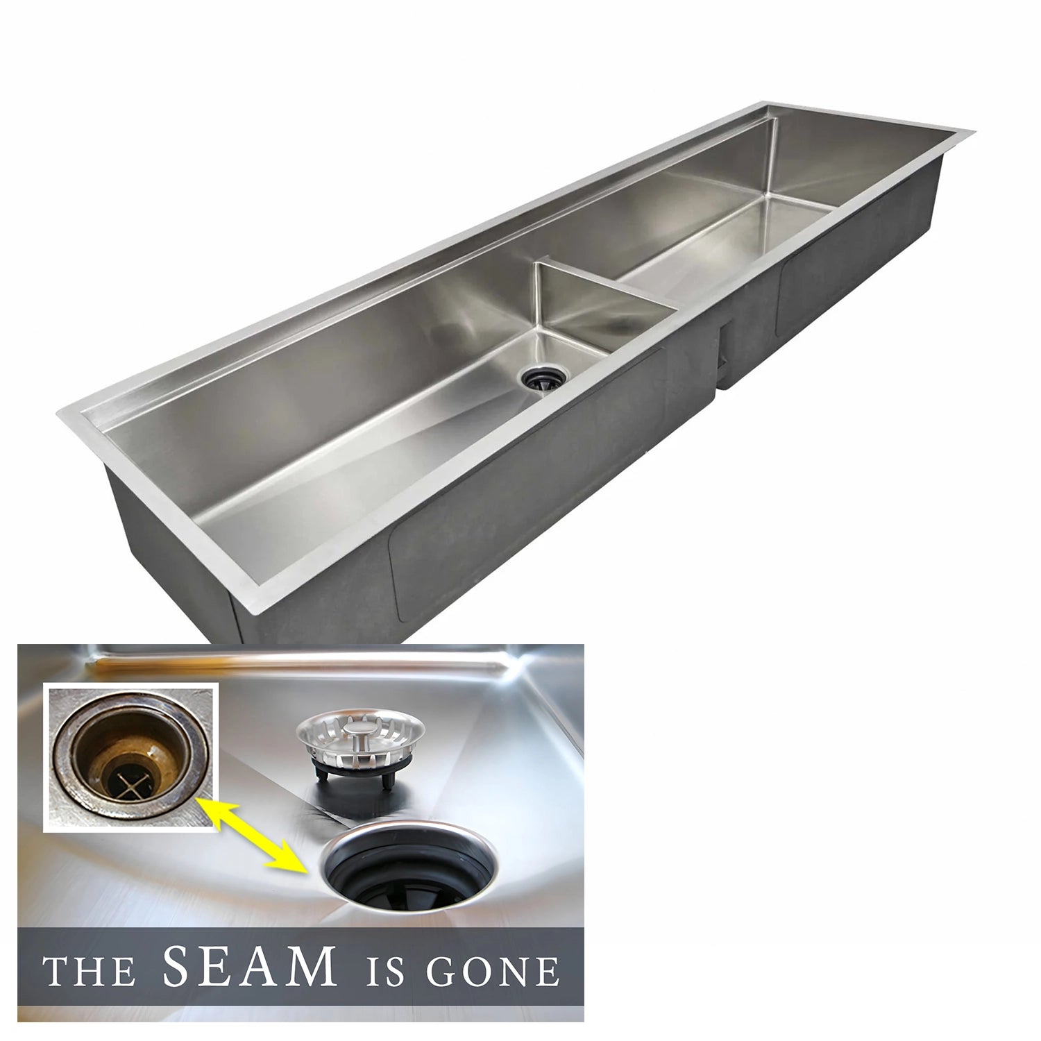 The Seam is Gone. 74" Six foot double bowl workstation sink.