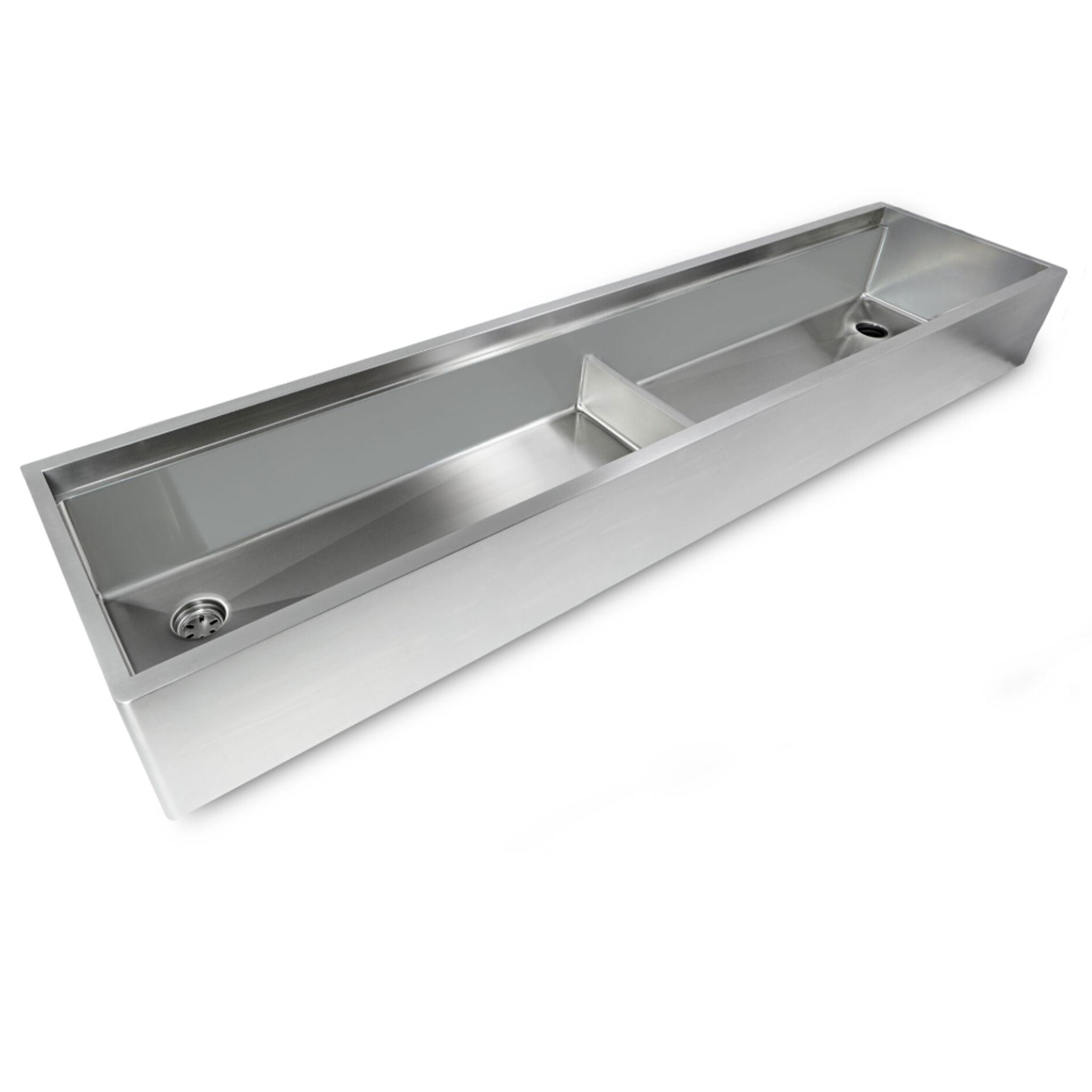 84-inch stainless steel apron front workstation sink with double bowls and offset drains, crafted from 16-gauge steel for durability.