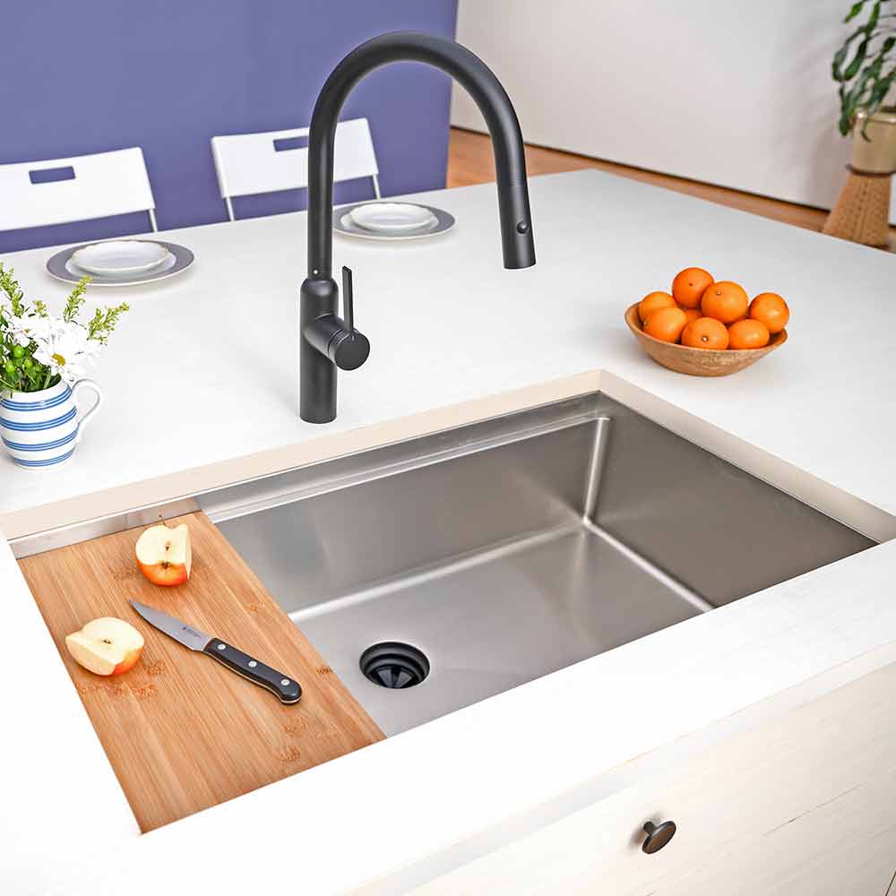 33-inch stainless steel workstation sink with bamboo cutting board. Single bowl undermount design enhances kitchen prep and workflow efficiency.
