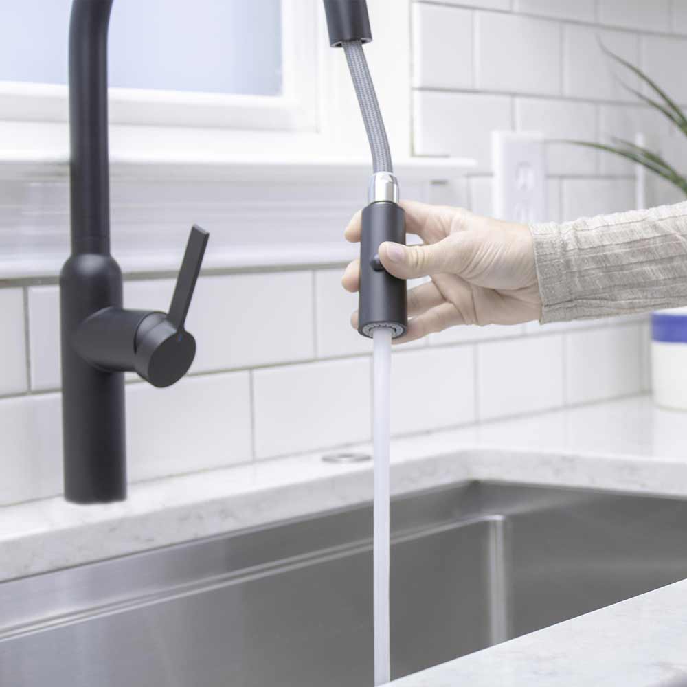 Tall matte black kitchen faucet with stream function