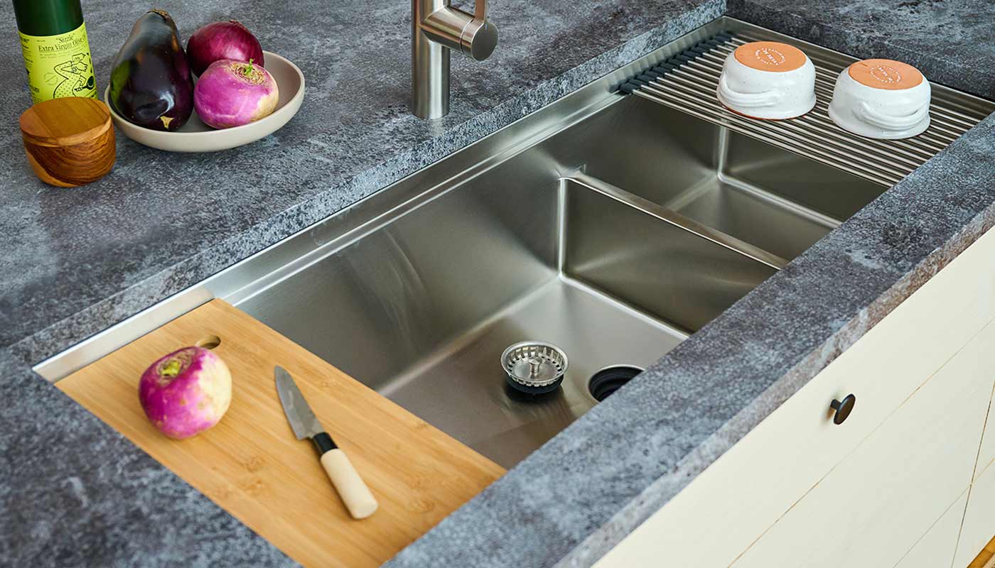 workstation kitchen sink with large double bowl and sink accessories