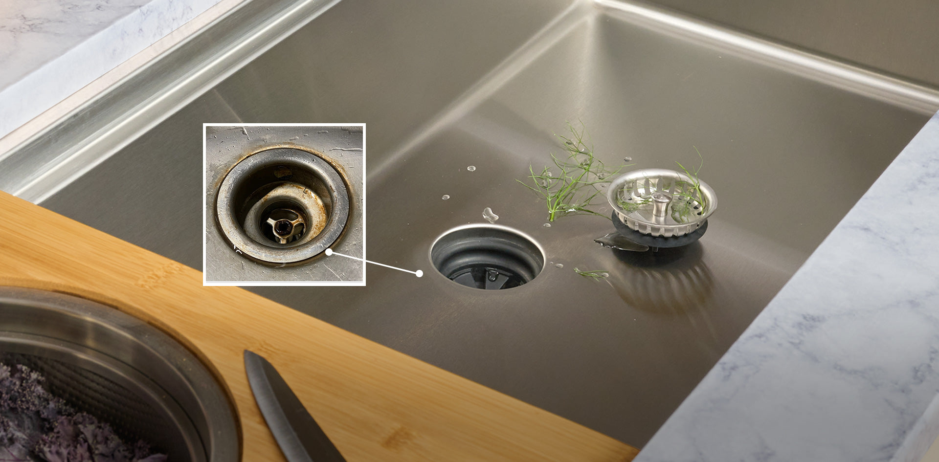 Create Good Sinks large single bowl stainless steel workstation sink with built in ledge for sliding accessories. Shown with our patented seamless undermount drain and workstation sink colander set