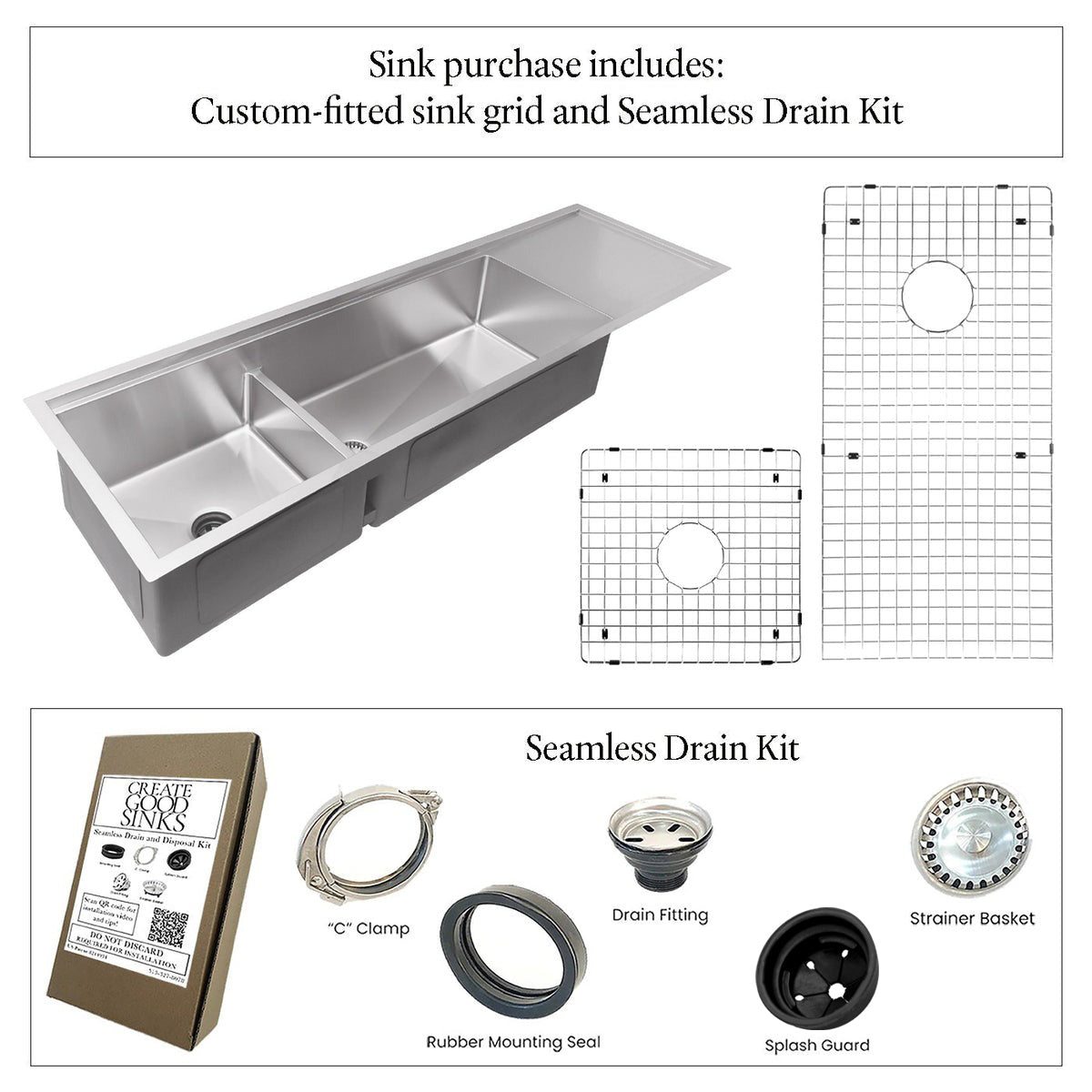 52" Drainboard Kitchen Sink - Large Double Bowl - Reversible (5LPD34c)