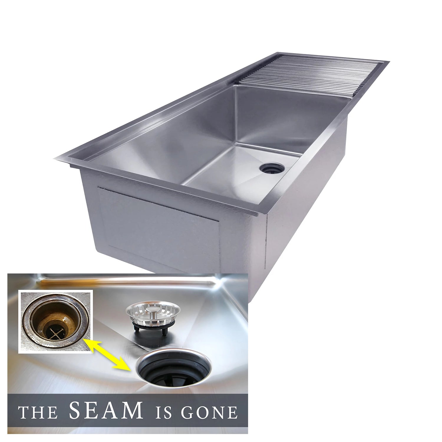 The Seam is Gone. 304 stainless workstation drainboard sink with reversible drain off to the side