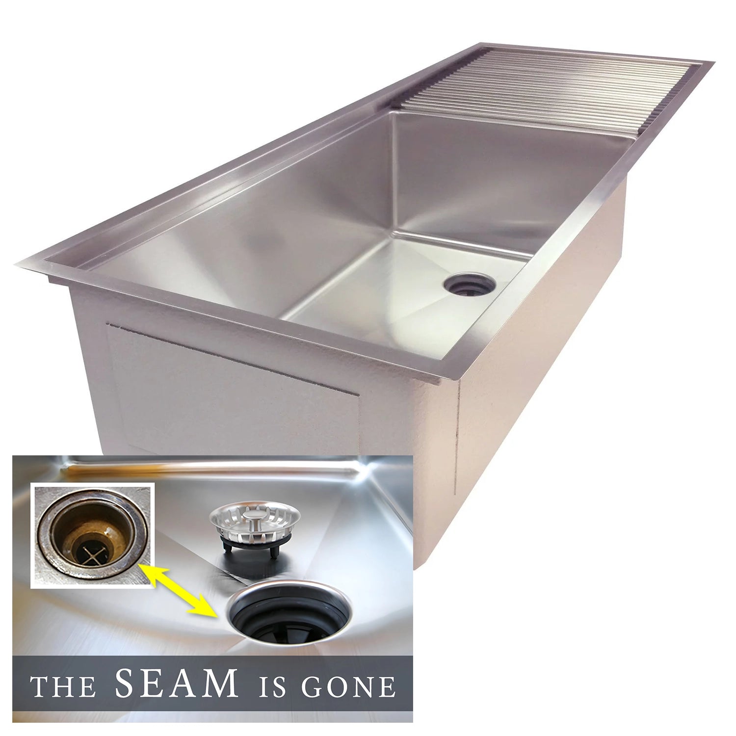 The Seam is Gone. Stainless Drainboard Kitchen Sink Drain Off To The Side In The Middle