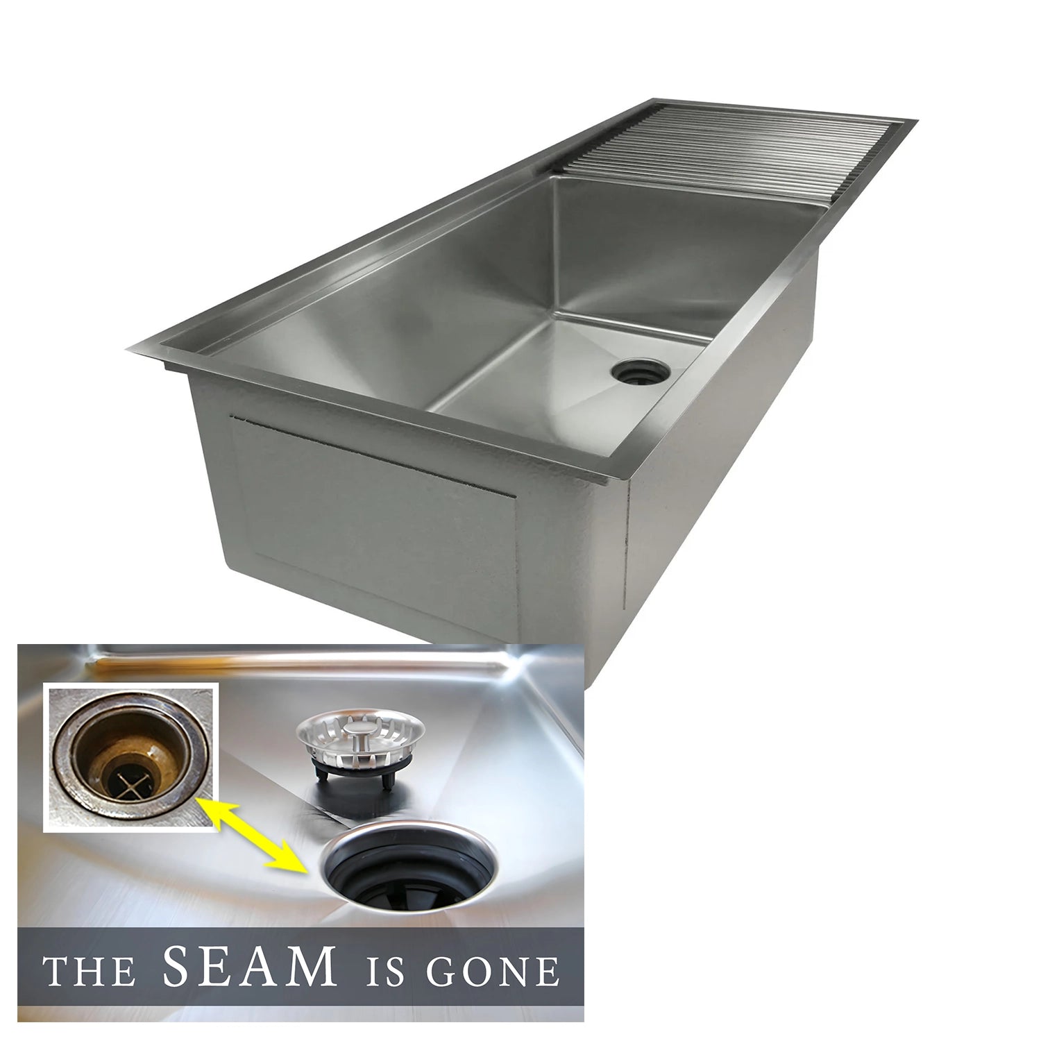 Undermount workstation kitchen sink with drainboard and center drain off to the side. The Seam is Gone.