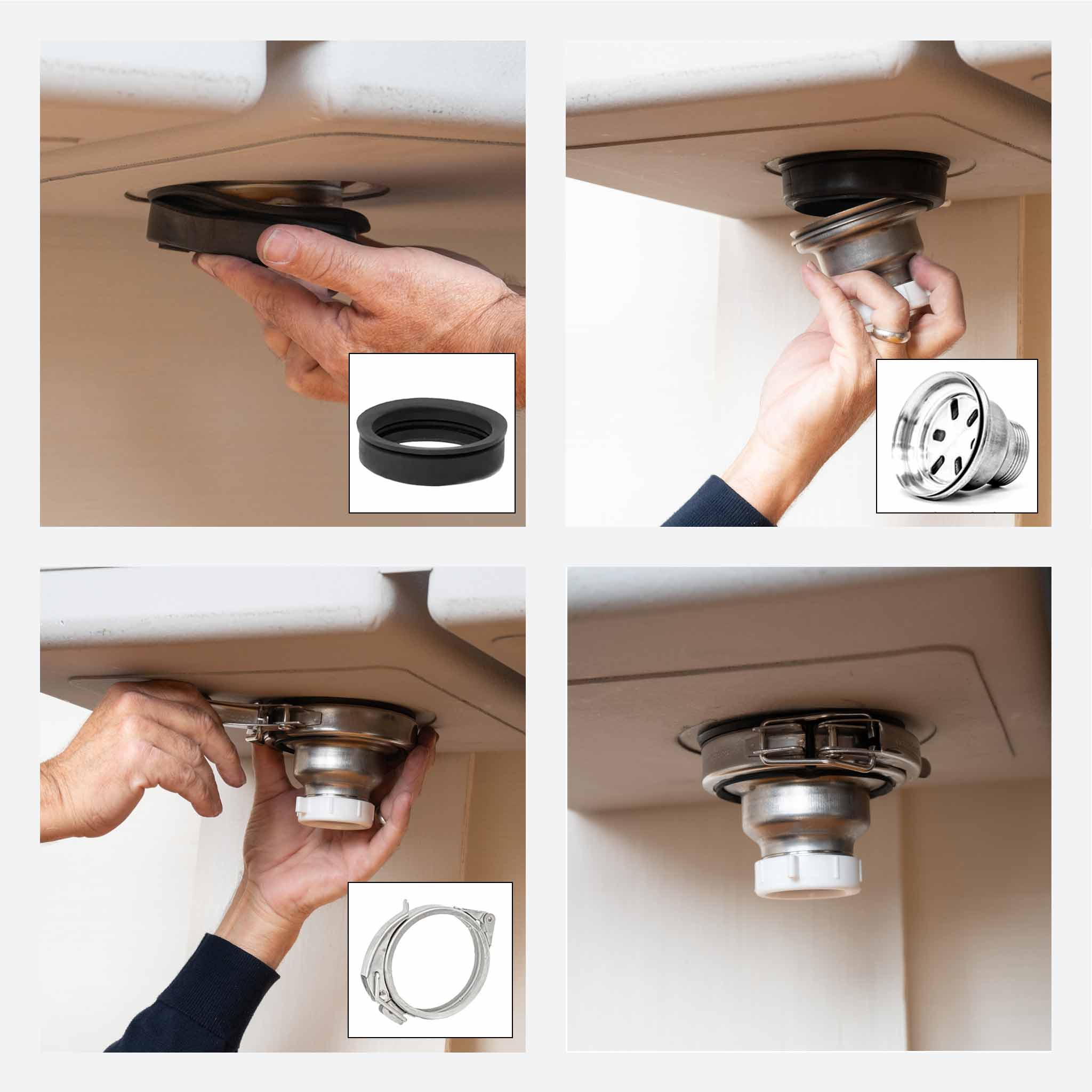 Hands-on installation of a Seamless Drain and Disposal Kit, demonstrating the attachment of the rubber mounting seal and 'C' clamp.