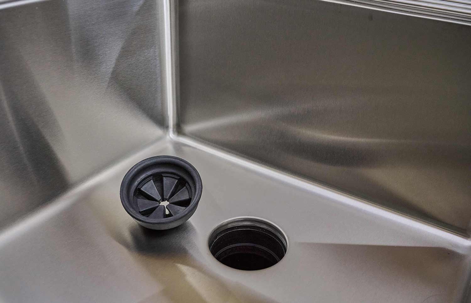 Create Good Sinks seamless undermount drain with removable dishwasher safe splash guard