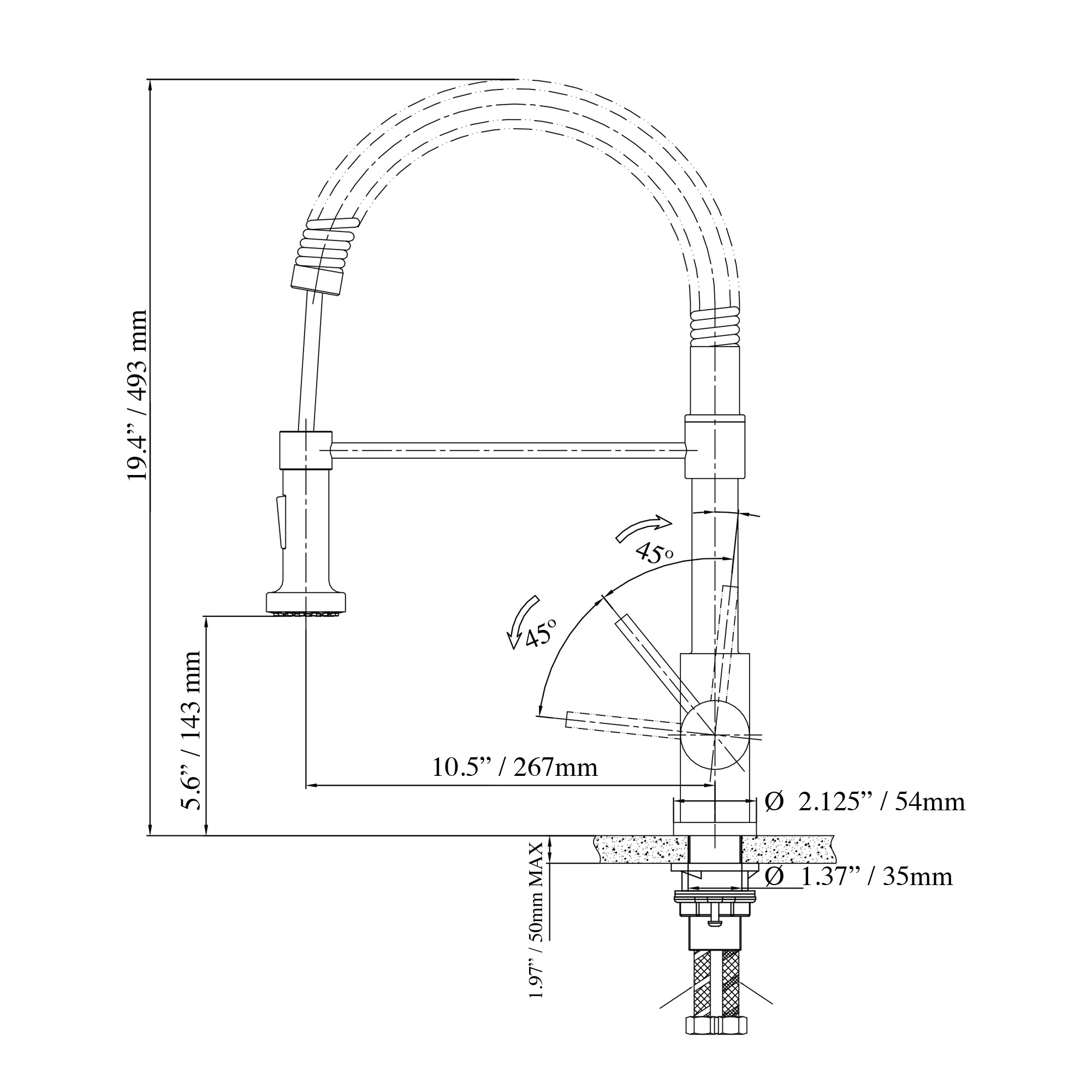 Dimension Drawing for A Stainless Steel Kitchen Faucet