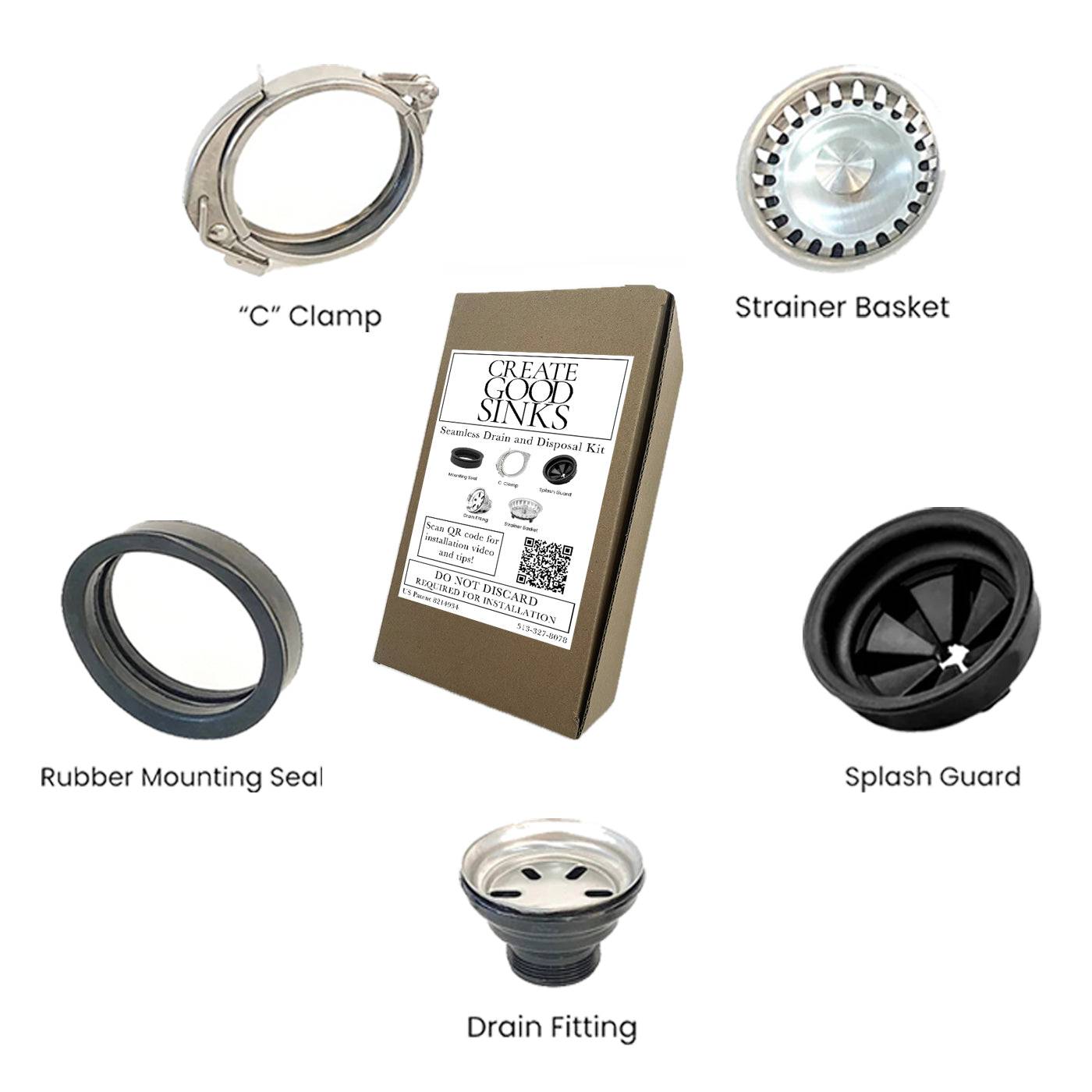 Seamless Drain and Disposal Kit with essential components including a strainer basket, splash guard, drain fitting, rubber mounting seal, and 'C' clamp.