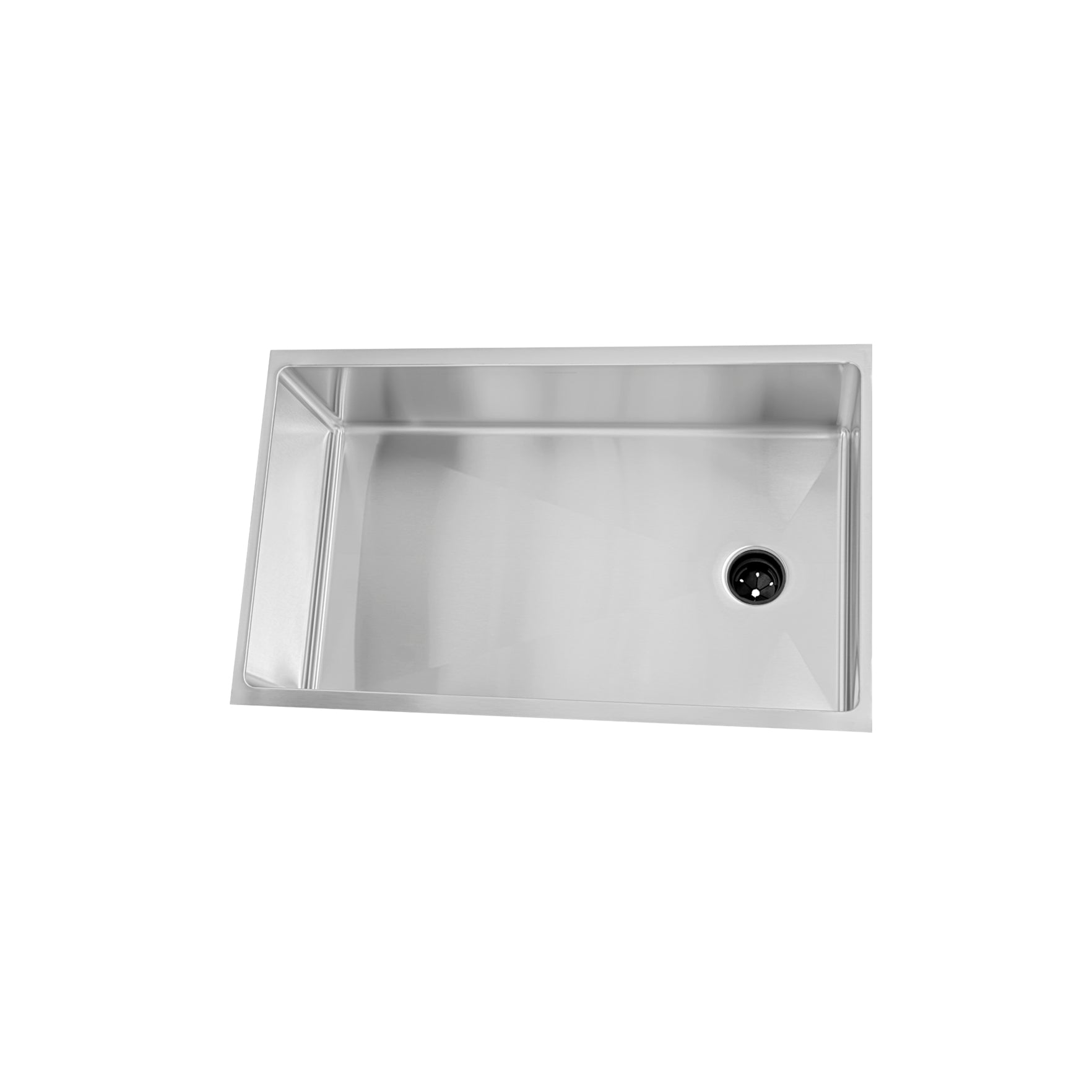 Top view of 31-inch stainless steel undermount kitchen sink with a single bowl and offset reversible drain, ideal for 33-inch base cabinets.