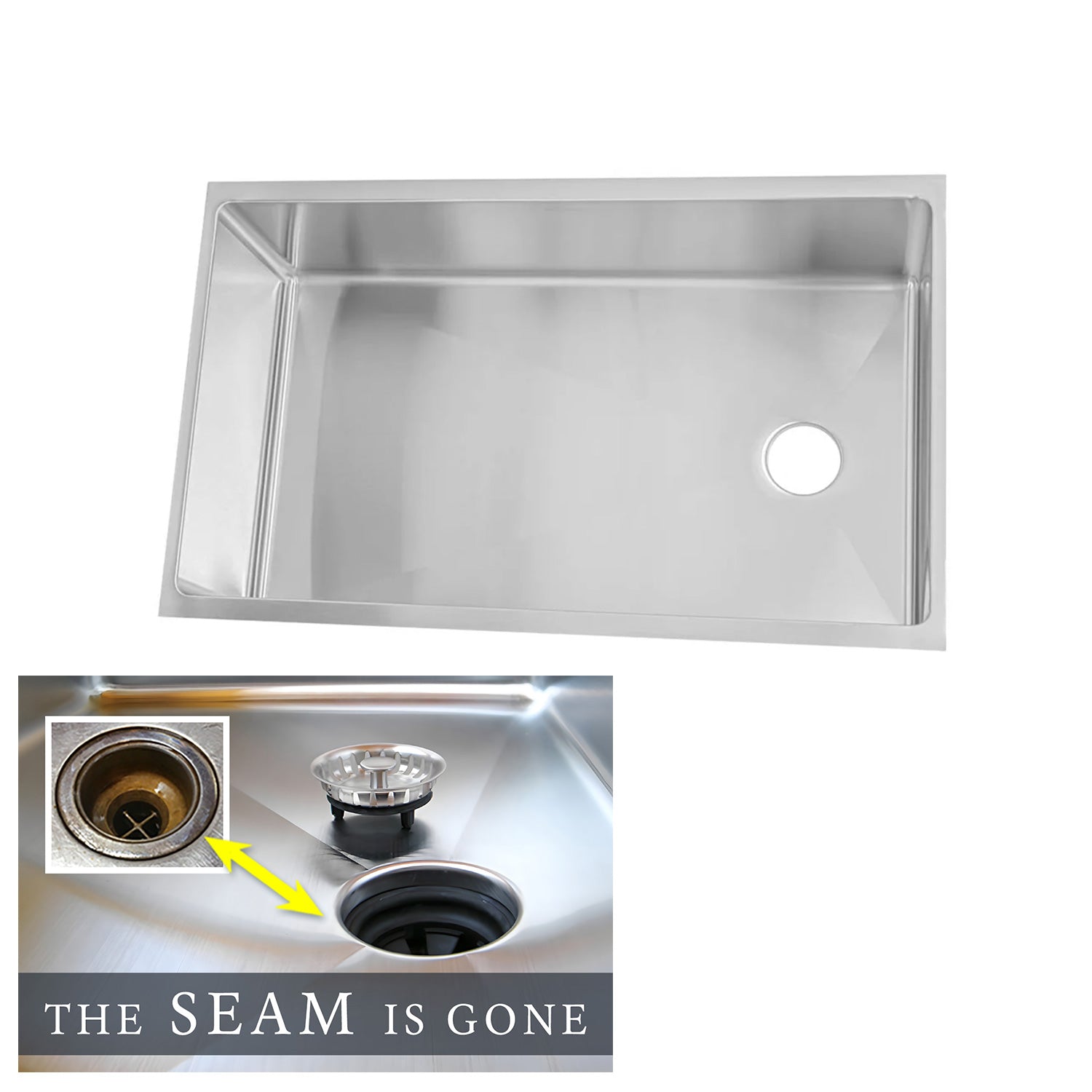 Top view of 31-inch stainless steel undermount kitchen sink with a single bowl and offset reversible drain, ideal for 33-inch base cabinets.