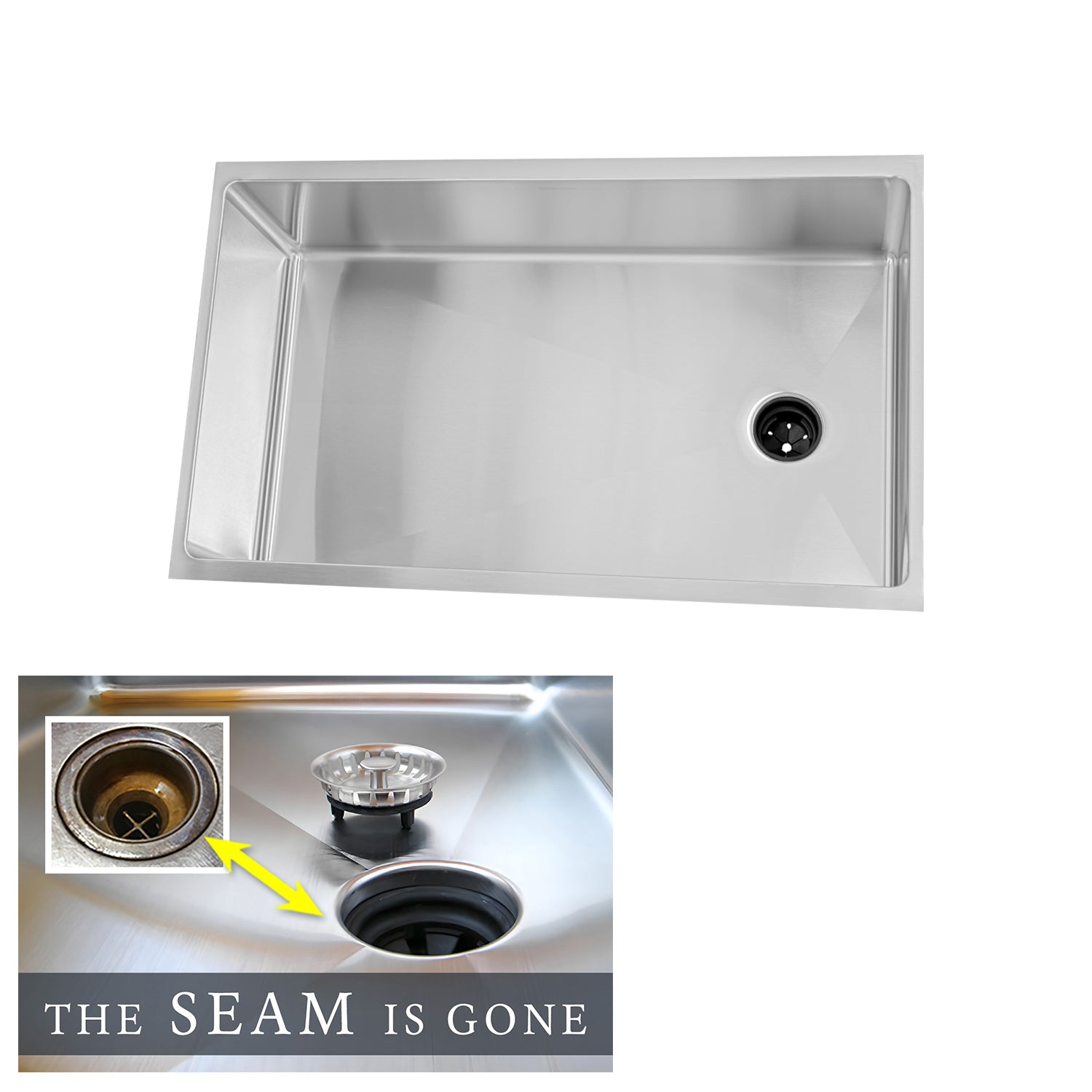 Top view of 31-inch stainless steel undermount kitchen sink with a single bowl and offset reversible drain, ideal for 33-inch base cabinets.
