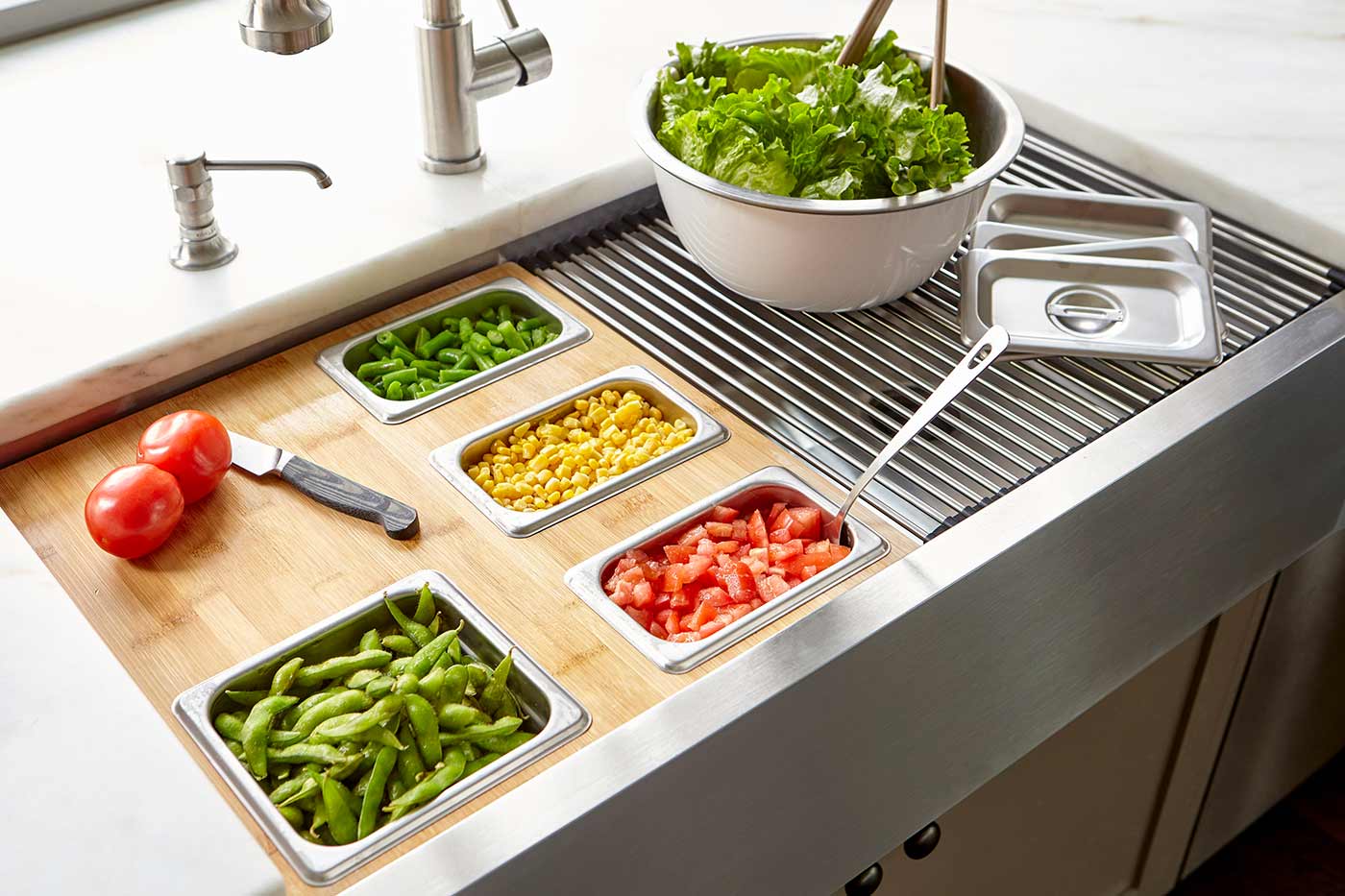 workstation sink with rollmat, condiment serving board