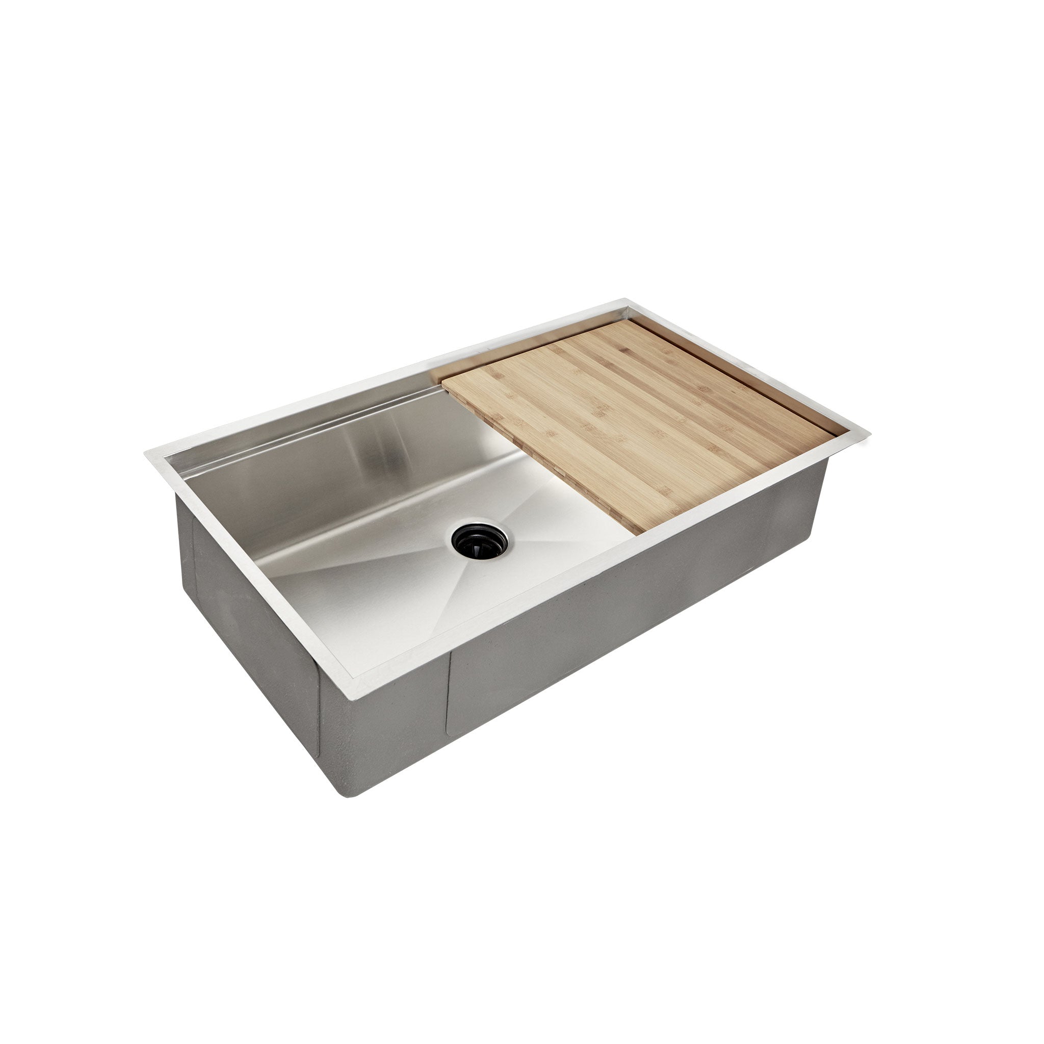 33-inch stainless steel workstation sink with bamboo cutting board. Single bowl undermount design with center drain for efficient kitchen workflow.