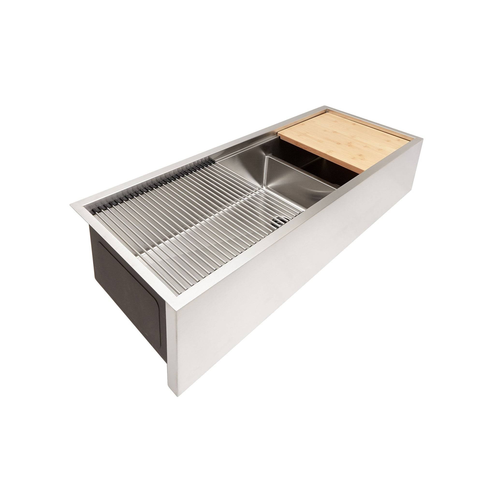 Spacious 50" apron front workstation sink with attachment accessories.