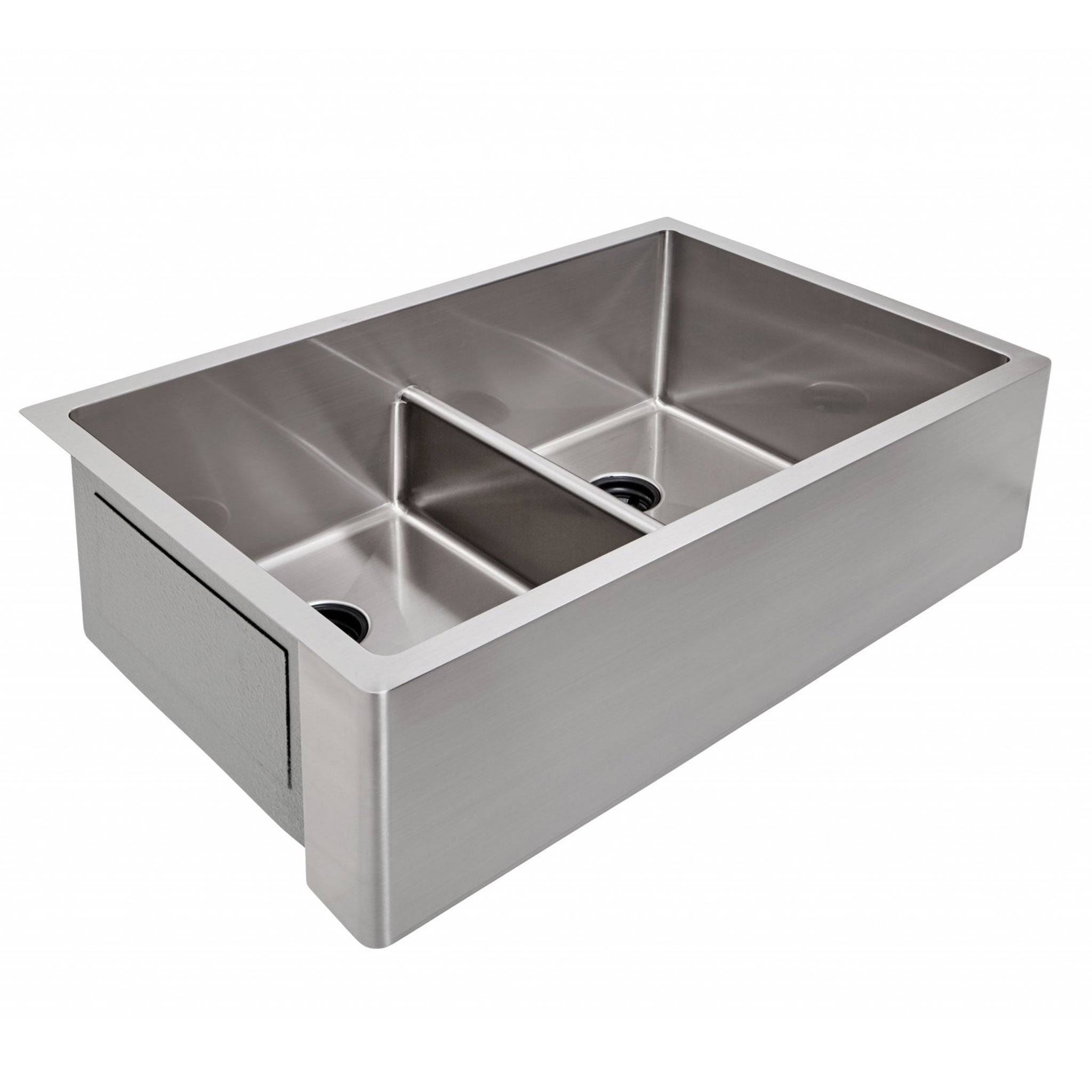 33-inch stainless steel farmhouse sink with apron front, double bowl, and low divide. Features a 1/2-inch radius corner design for a modern look.