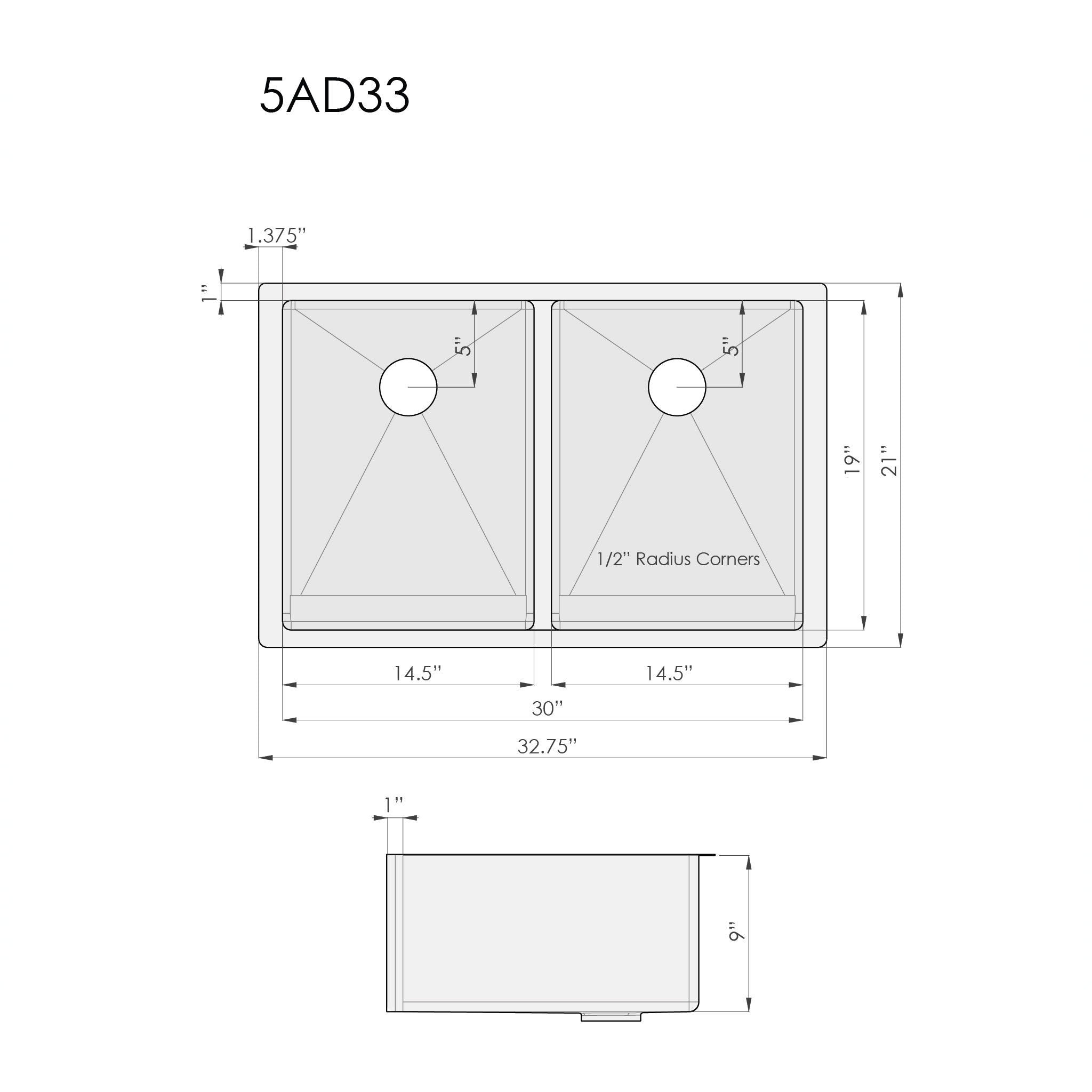 Technical drawing of the 33-inch apron front double bowl farmhouse sink, showing dimensions, 1/2-inch radius corners, and center drain placement.