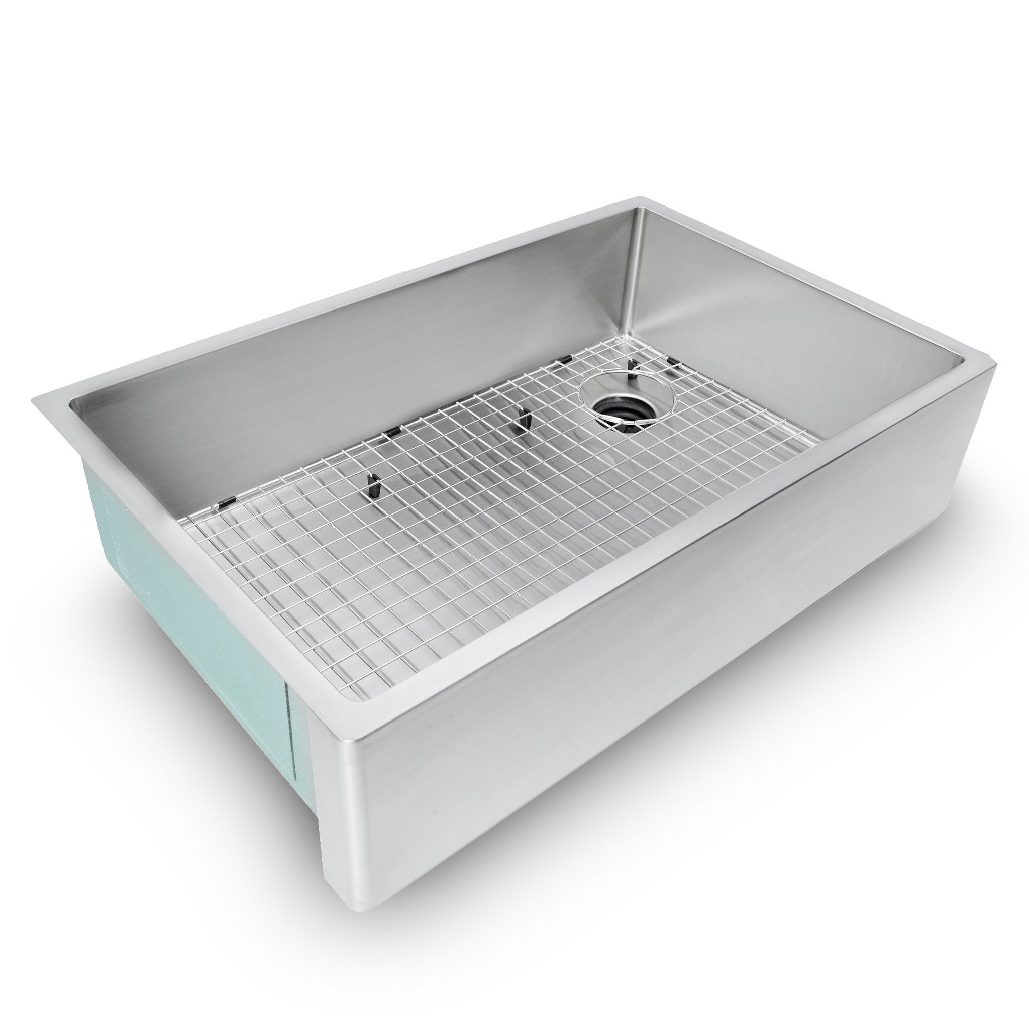 33" classic basin style farmhouse sink with a protective grate and seamless drain
