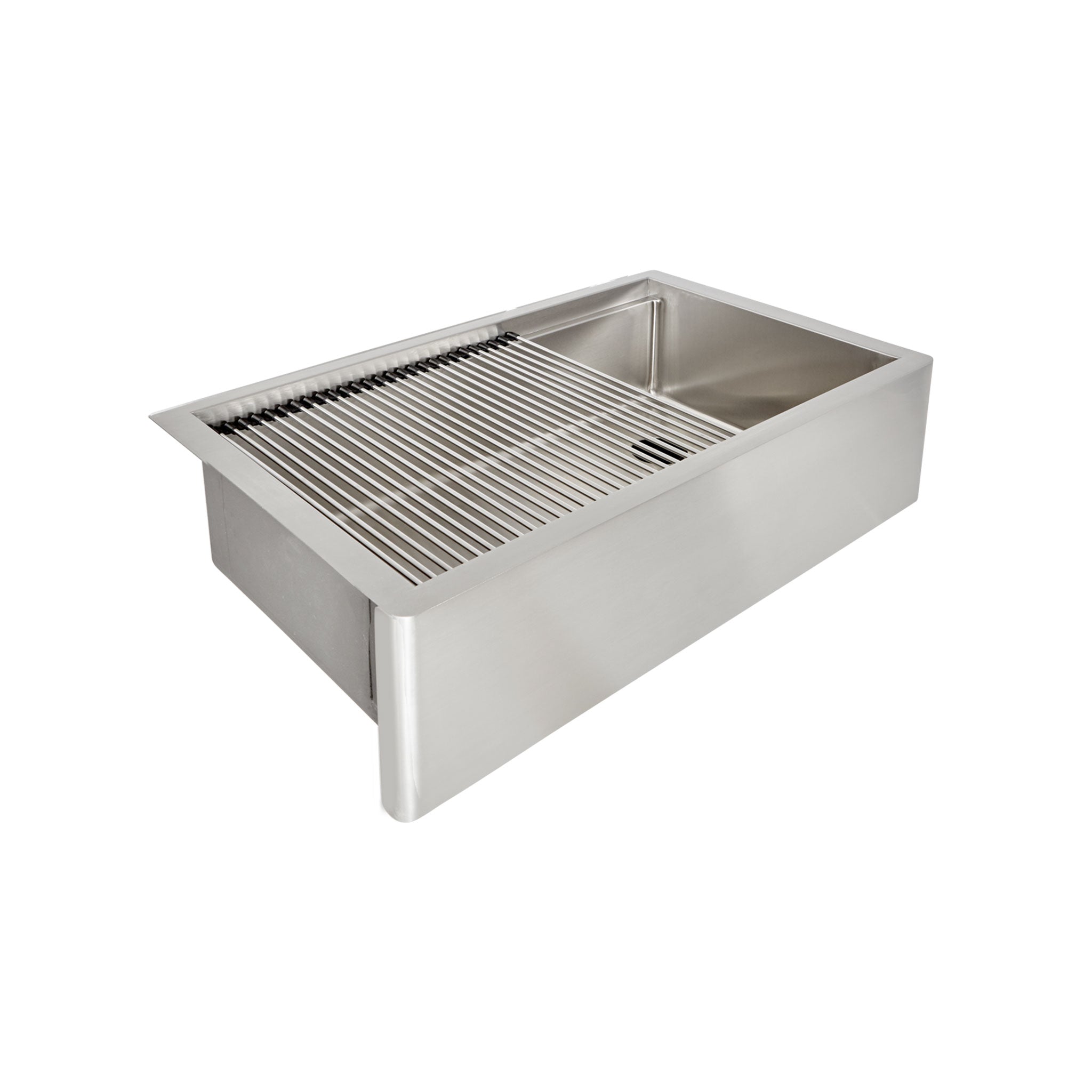 Steel bars accessory in a stainless steel, farmhouse, kitchen sink.