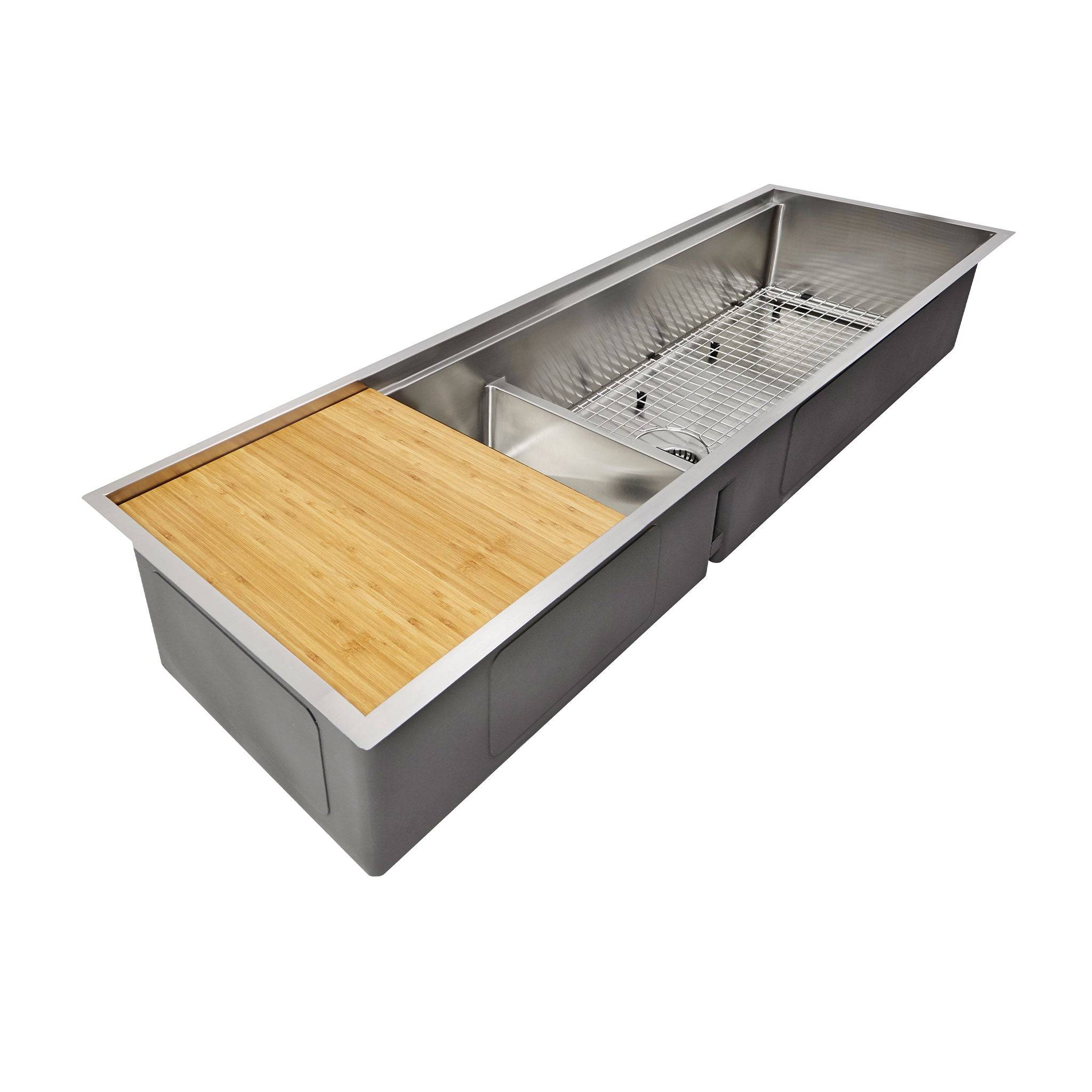 Large 63-inch workstation kitchen sink with bamboo cutting board, offering a practical and stylish food prep solution.