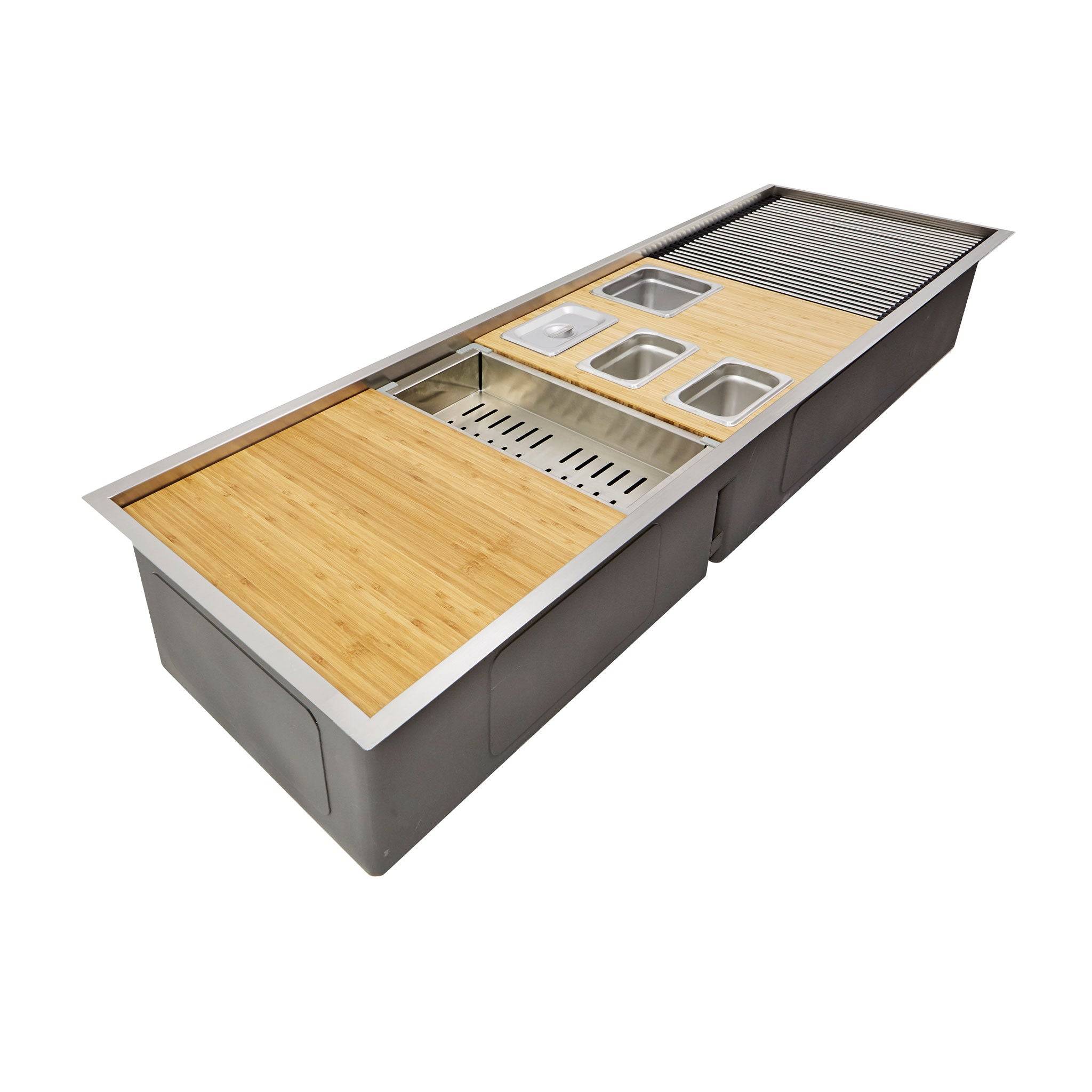 Fully equipped 63-inch workstation sink with bamboo cutting board, stainless steel accessories, and roll-up drying rack.