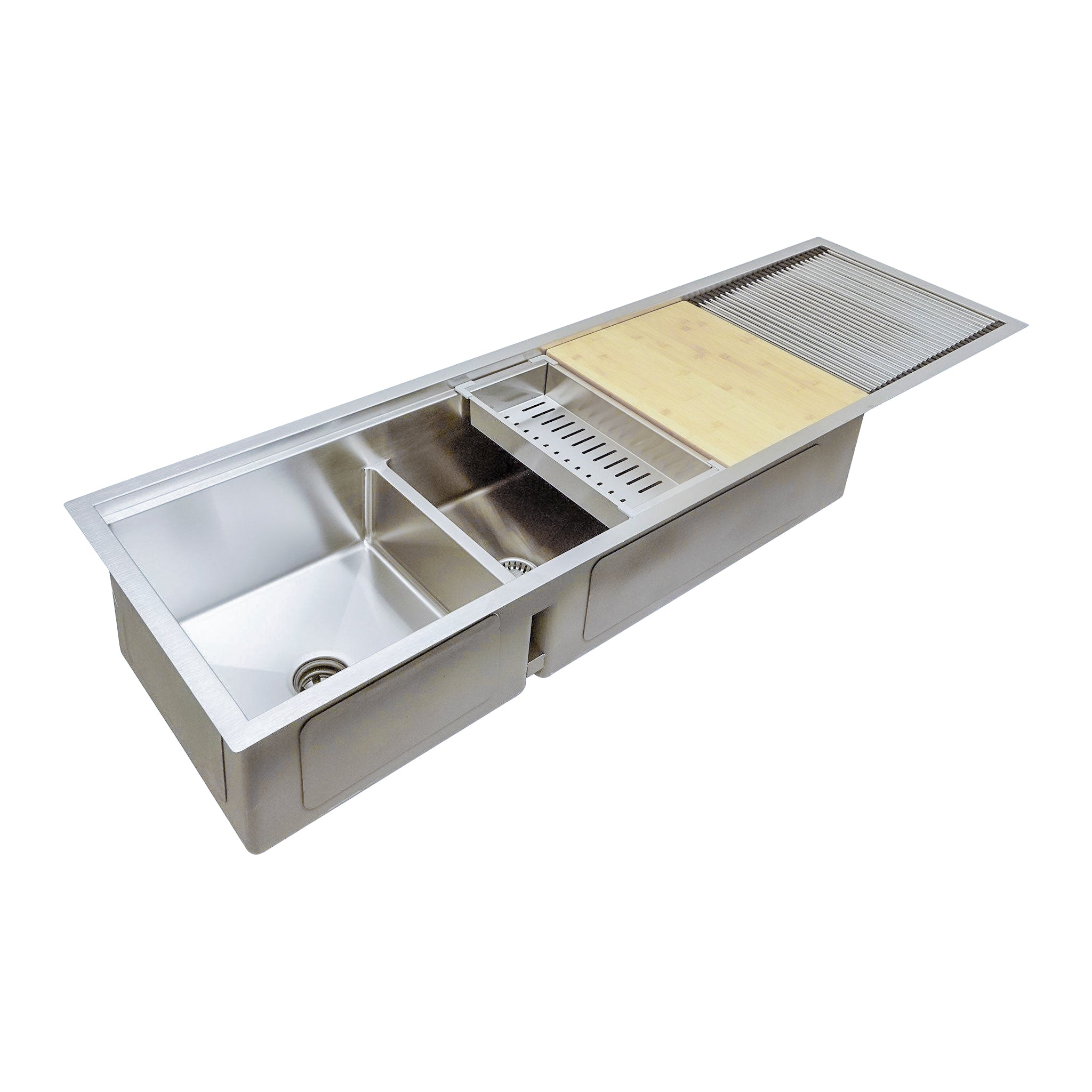 Oversized 68" Stainless Drainboard Workstation Kitchen Sink Bamboo Cutting Board And Colander