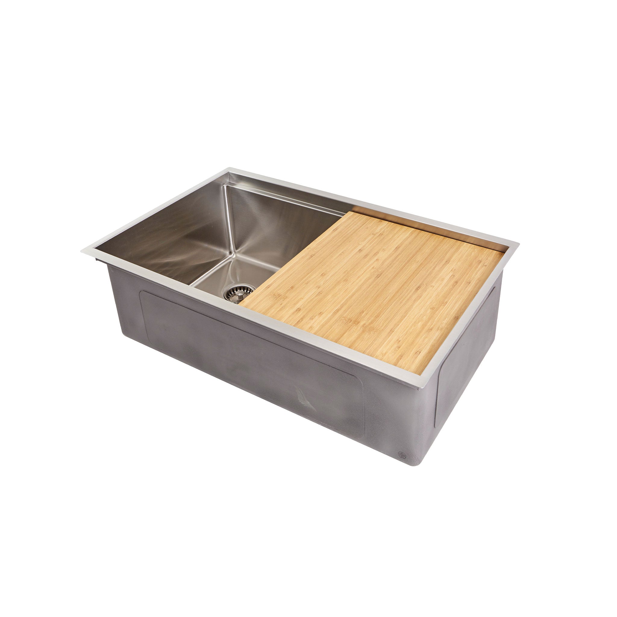 31” workstation sink and a bamboo cutting board accessory with an offset, seamless drain to the left.