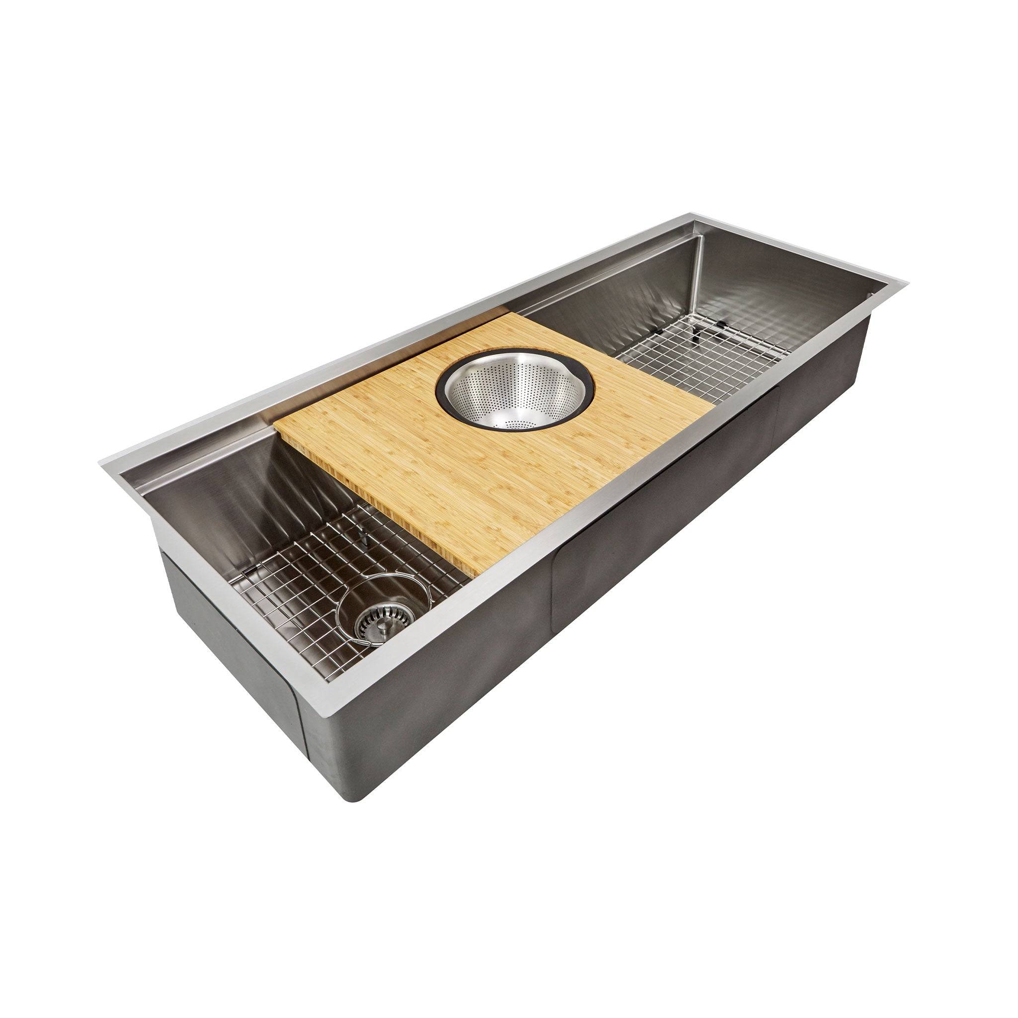 50-inch stainless steel workstation sink with a bamboo cutting board and colander. Designed for seamless kitchen prep with a built-in ledge system.